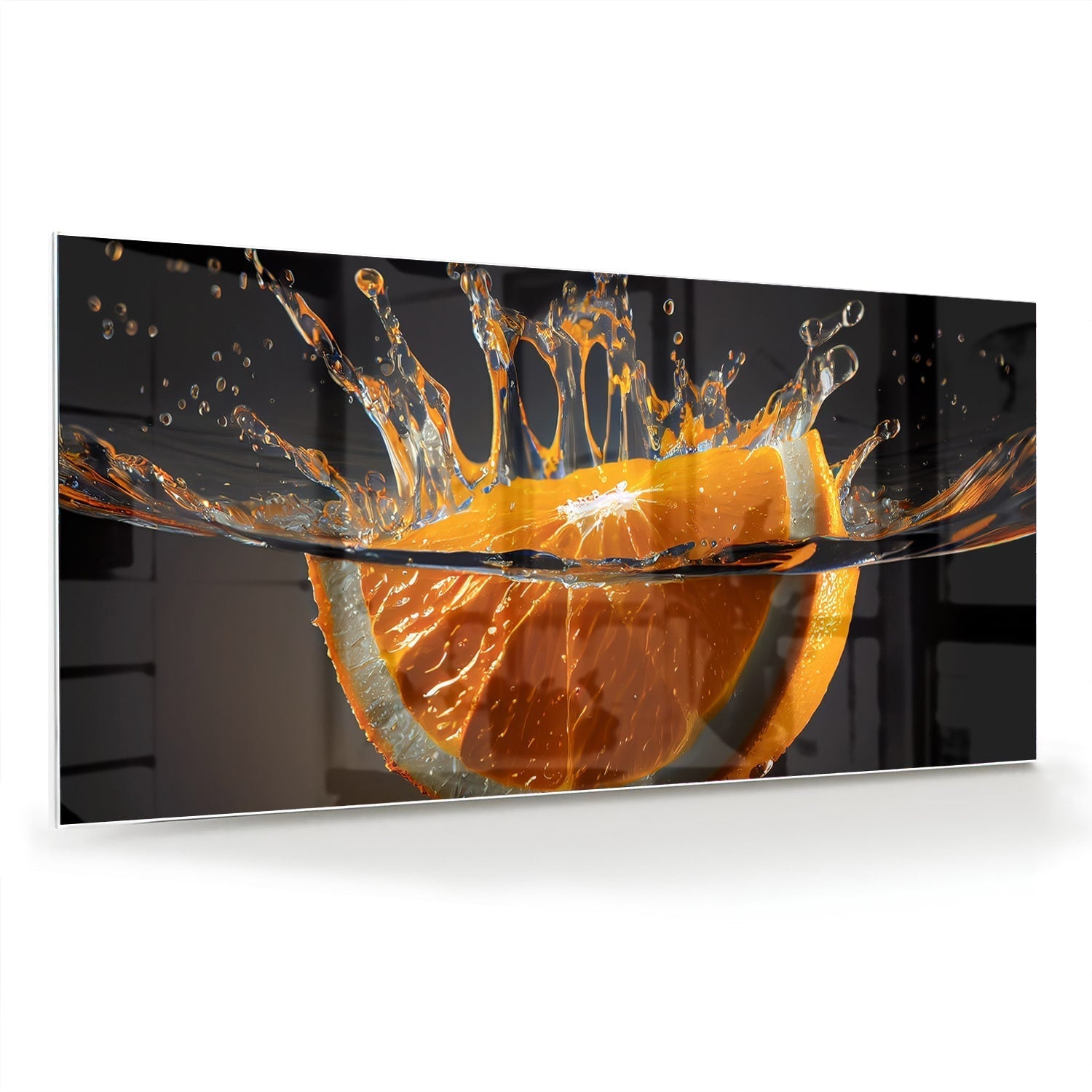 Spetterende Glasbild mit Orange als moderne Glas-Wanddekoration aus 4 mm Sicherheitsglas