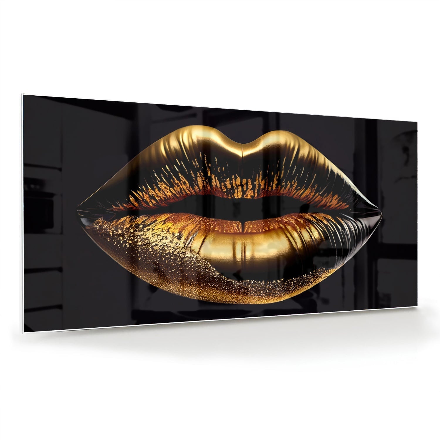 Glasbild mit goldenen Lippen – elegante Wanddekoration – Glasbild aus Sicherheitsglas, Größe 70x70_rond