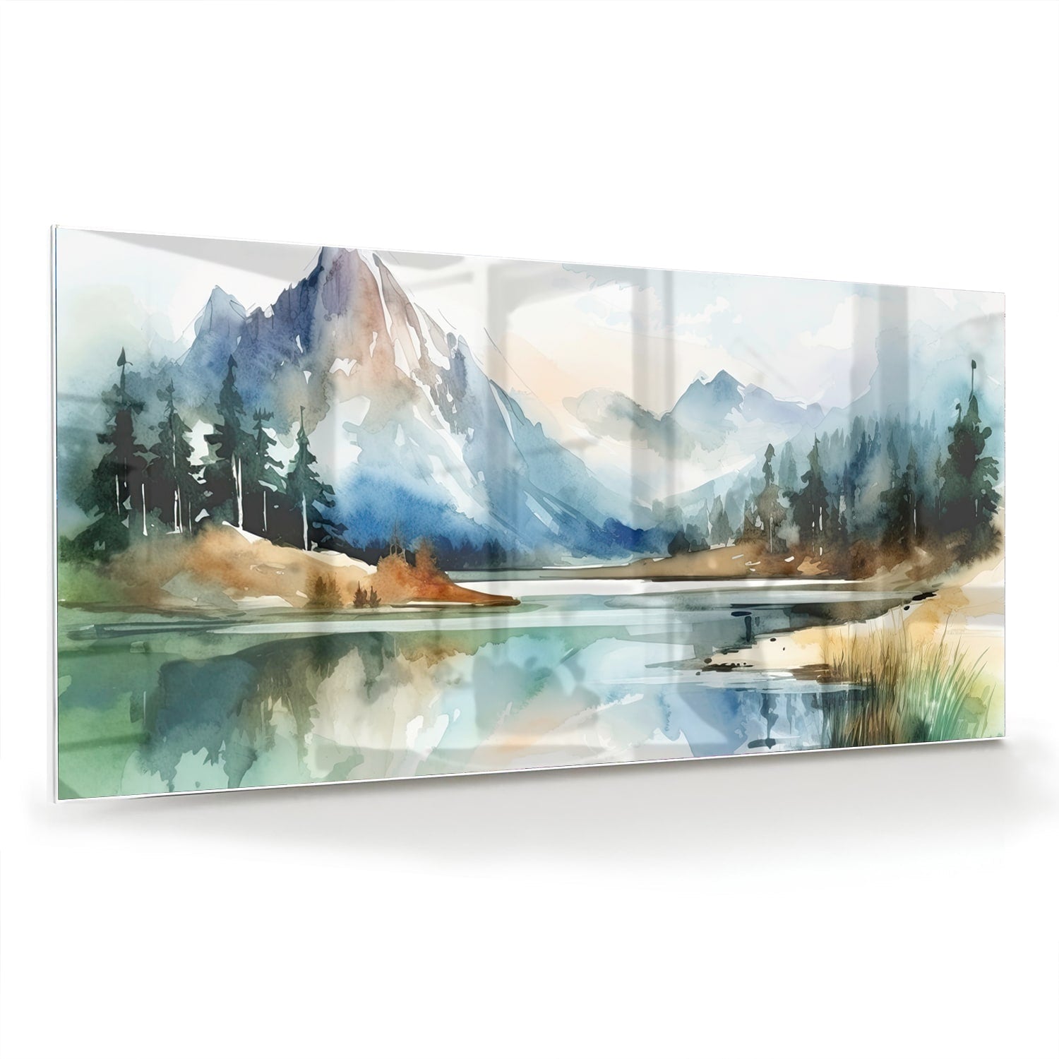 Glasbild mit Bergen und See im Aquarellstil – Glasbild aus Sicherheitsglas, Größe 70x70_rond