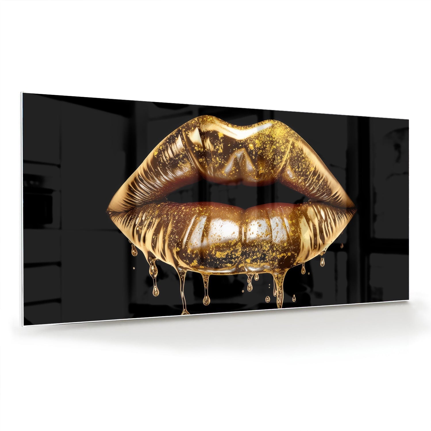 Glasbild mit goldenen Lippen – Wanddekoration für elegante Innenräume – Glasbild aus Sicherheitsglas, Größe 70x70_rond