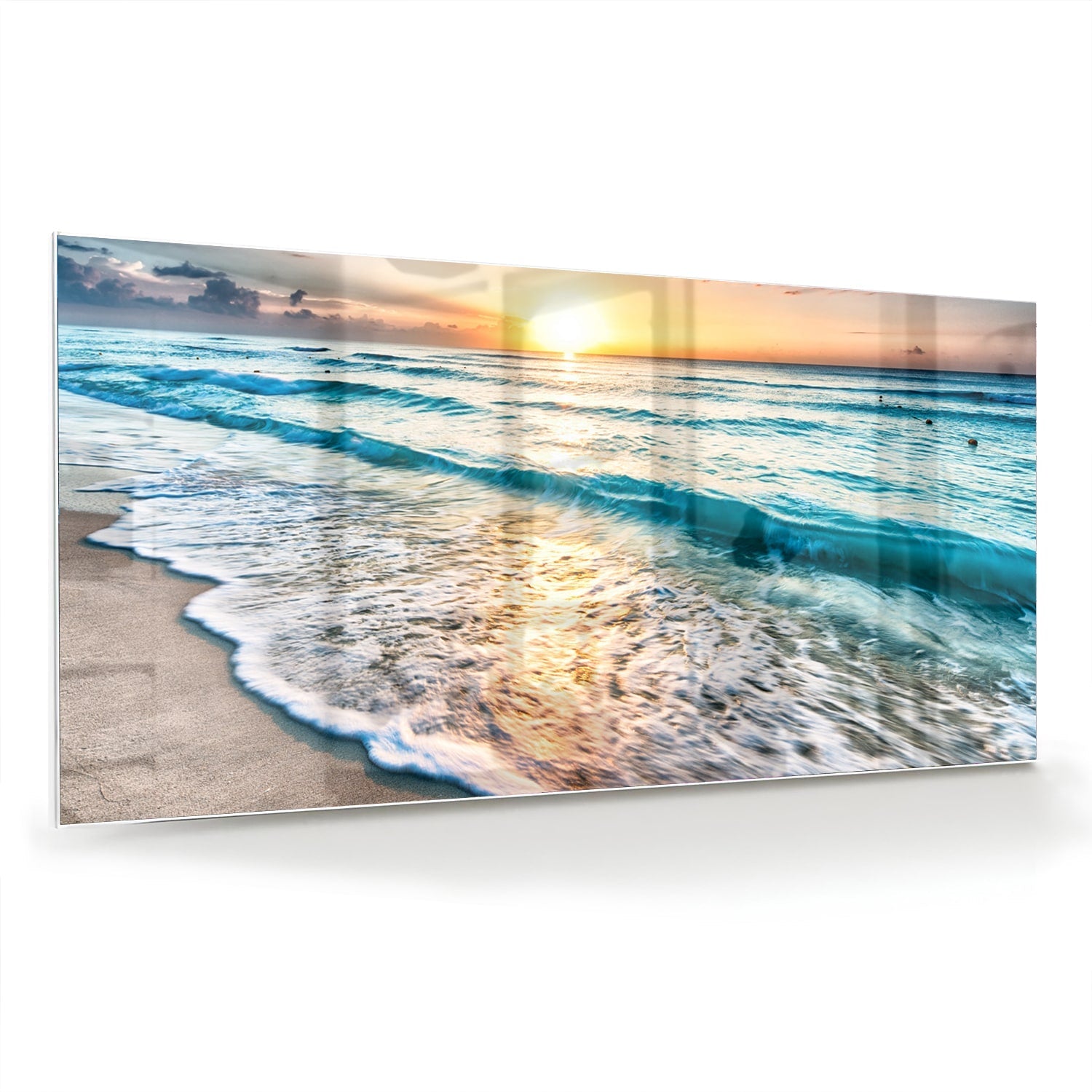 Wunderschönes Glasbild mit einem Sonnenuntergang am See – Glasbild aus Sicherheitsglas, Größe 70x70_rond