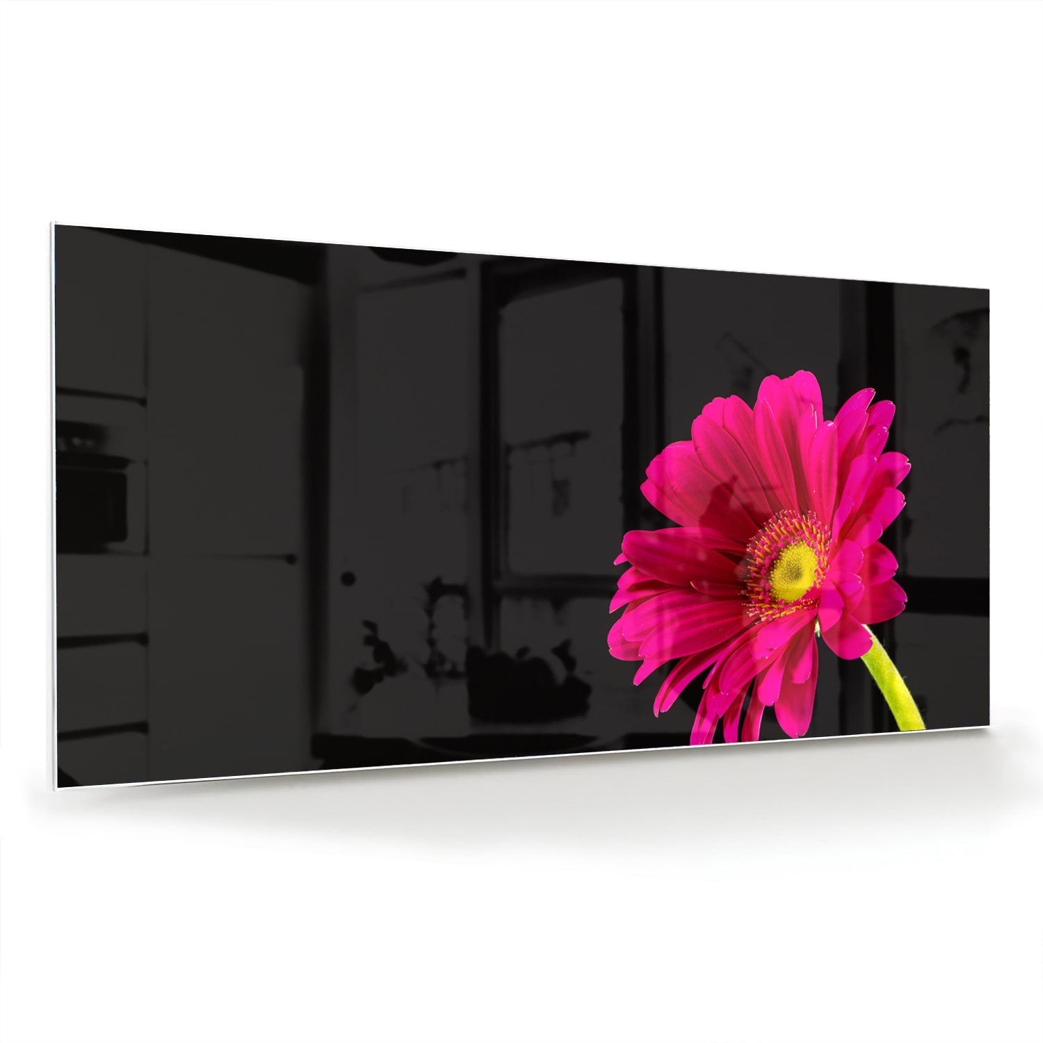 Glasbild – Wunderschöne rosa Gerbera auf schwarzem Hintergrund – Glasbild aus Sicherheitsglas, Größe 70x70_rond