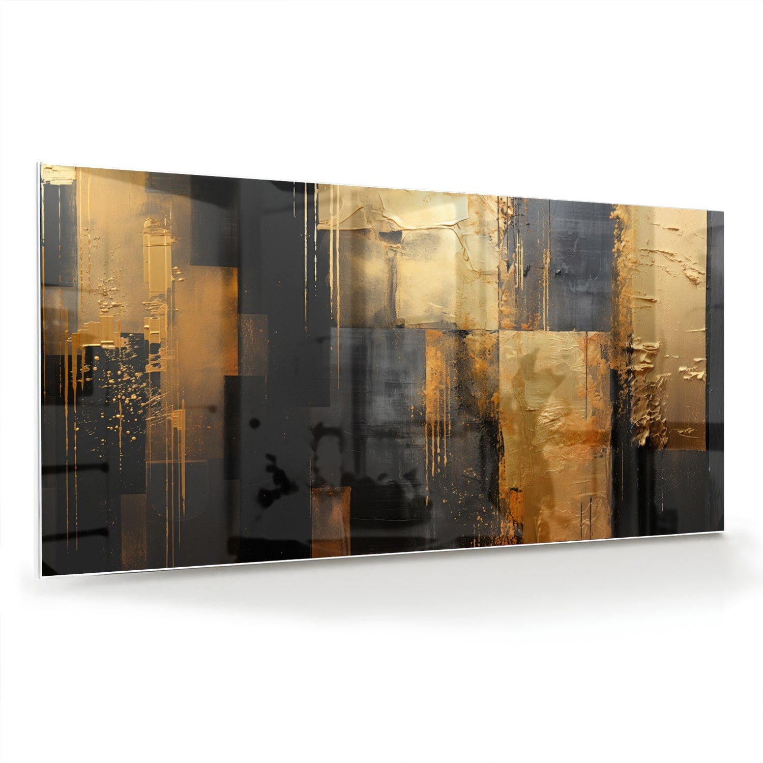 Abstraktes Glasbild in Gold und Schwarz – Glasbild aus Sicherheitsglas, Größe 70x70_rond