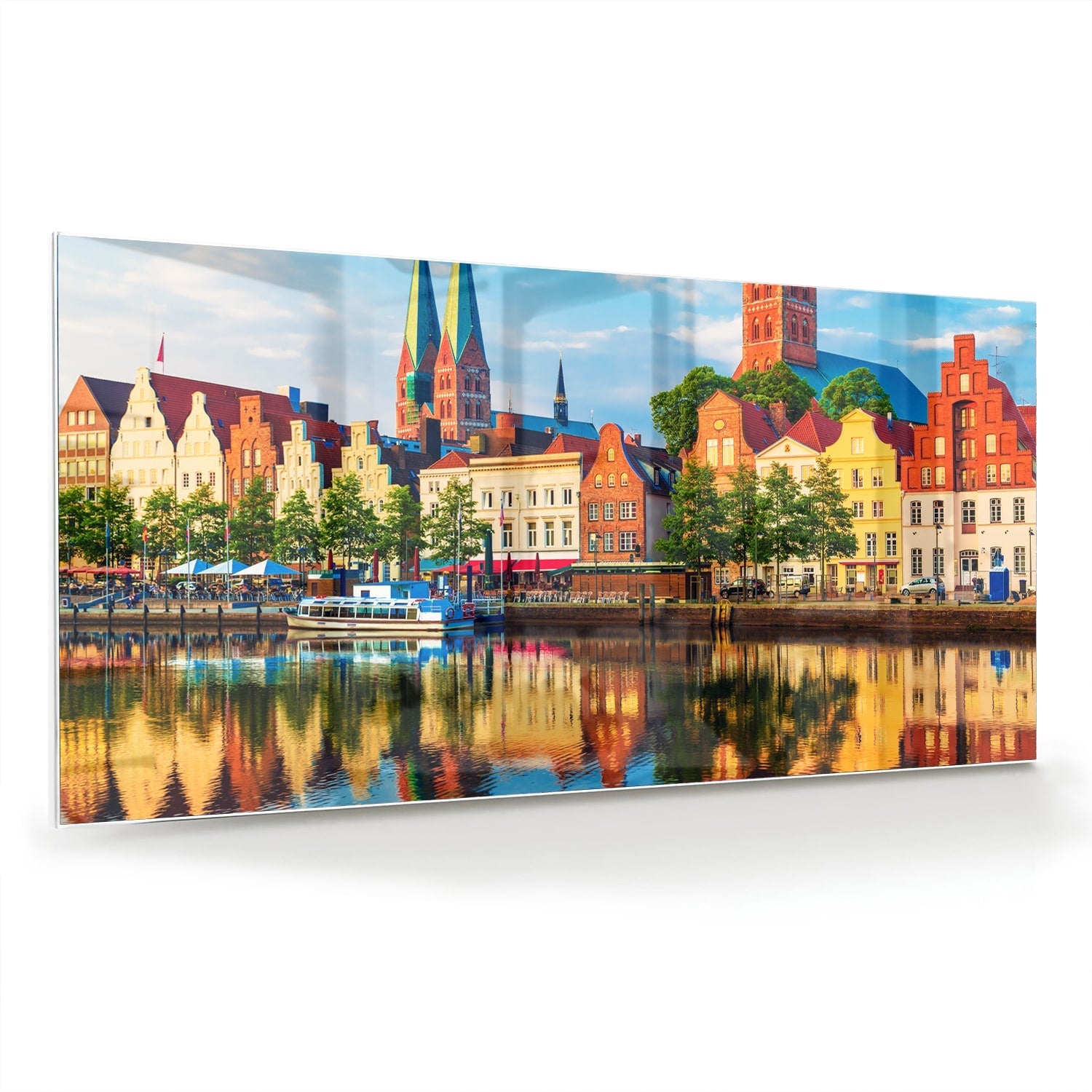 Farbenfrohes Glasbild mit einer Stadtlandschaft – Glasbild aus Sicherheitsglas, Größe 70x70_rond