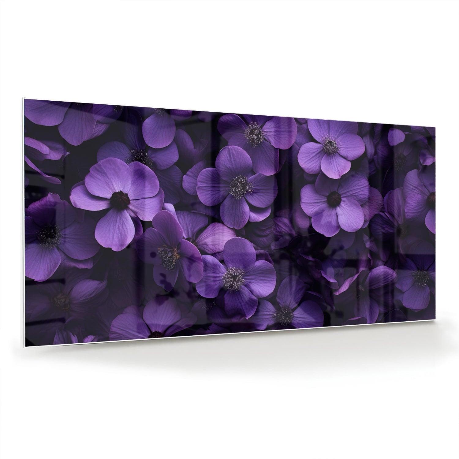 Glasbild mit violetten Blumen für Ihr Interieur – Glasbild aus Sicherheitsglas, Größe 70x70_rond