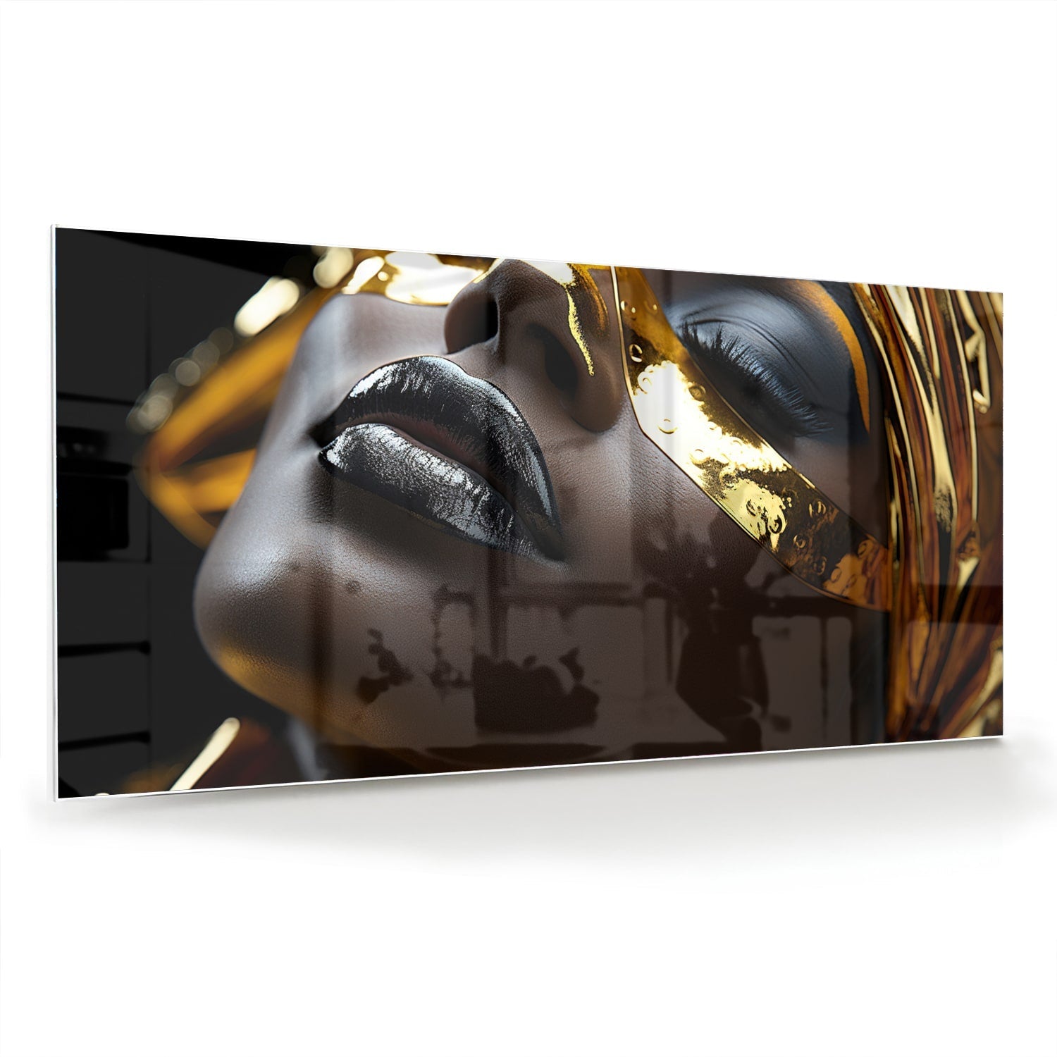Goldenes und schwarzes Glasbild mit weiblichem Gesicht – Glasbild aus Sicherheitsglas, Größe 70x70_rond