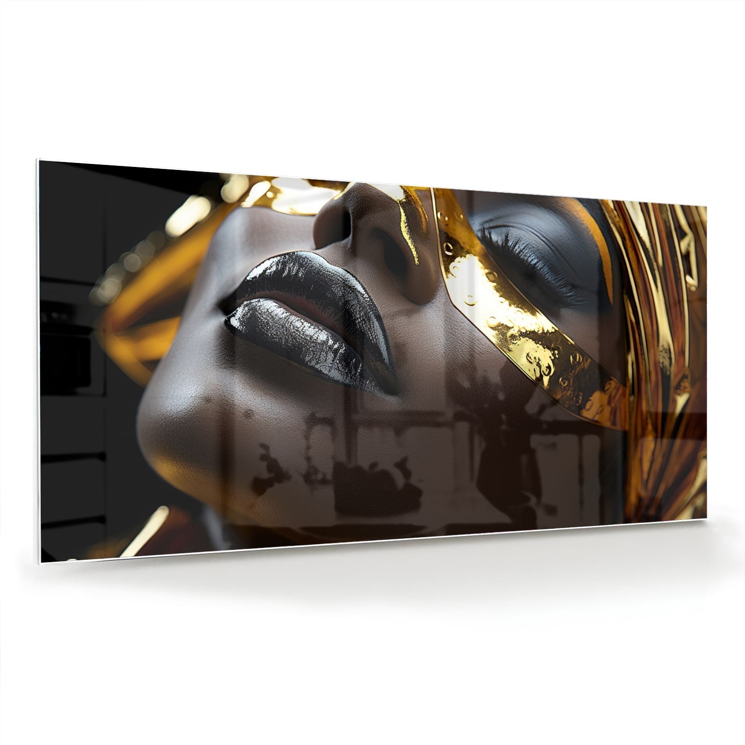 Goldenen und zwarte Glasbild mit vrouwelijk gezicht als moderne Glas-Wanddekoration aus 4 mm Sicherheitsglas