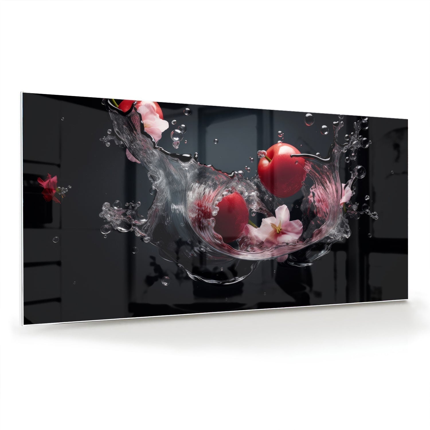Glasbild mit rosa Blumen und Wassertropfen als moderne Glas-Wanddekoration aus 4 mm Sicherheitsglas