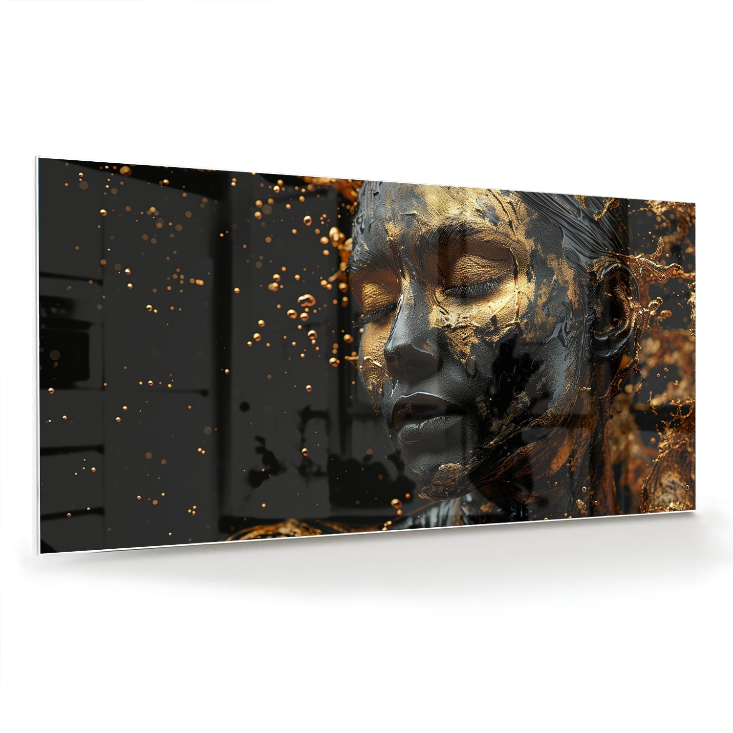 Goldenes Glasbild mit weiblichem Porträt – Glasbild aus Sicherheitsglas, Größe 70x70_rond