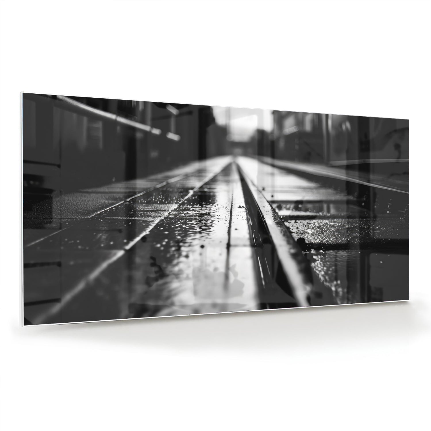 Schwarz-Weiß-Glasbild mit nassen Straßen – Glasbild aus Sicherheitsglas, Größe 70x70_rond