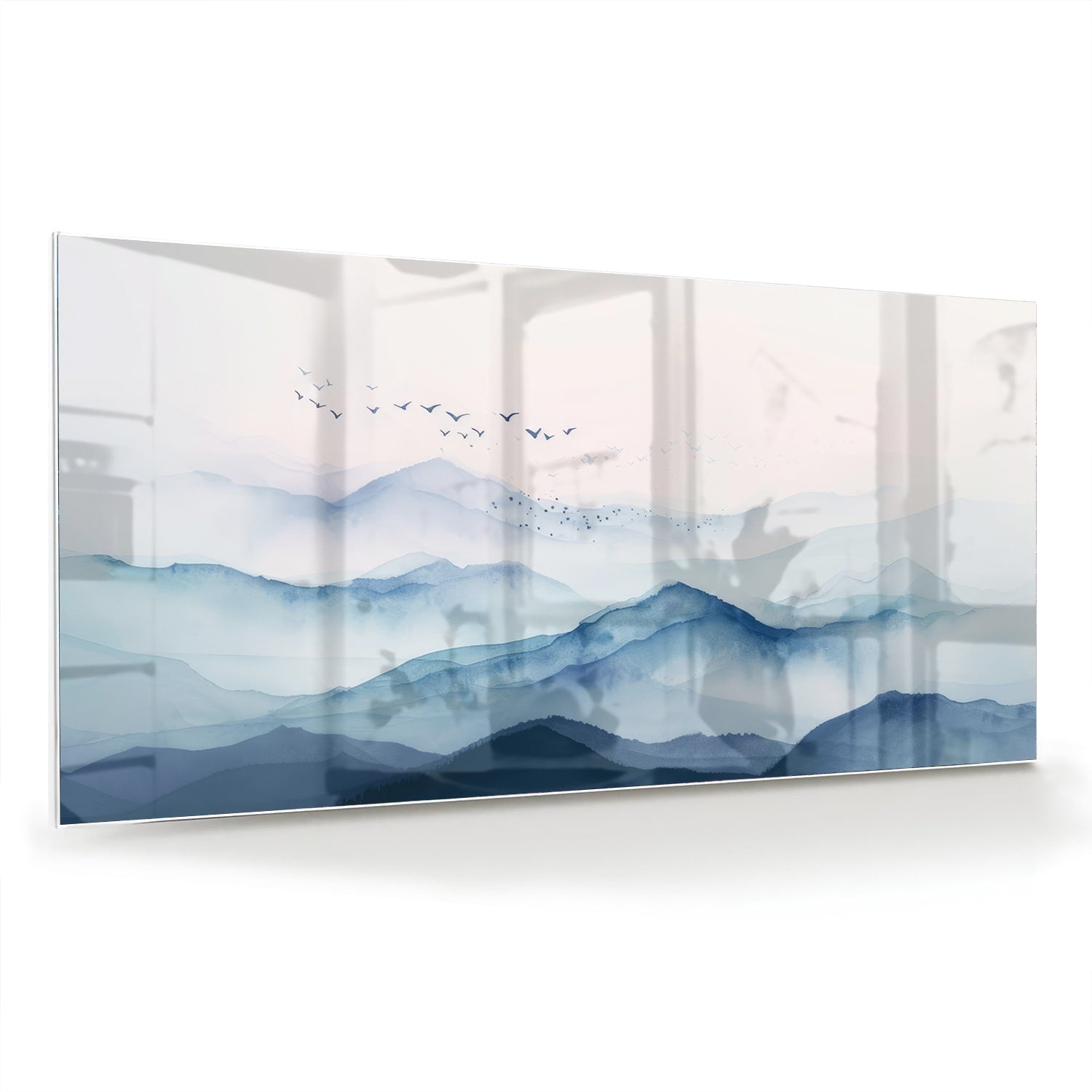 Ruhiges Glasbild mit blauen Bergen – Glasbild aus Sicherheitsglas, Größe 70x70_rond