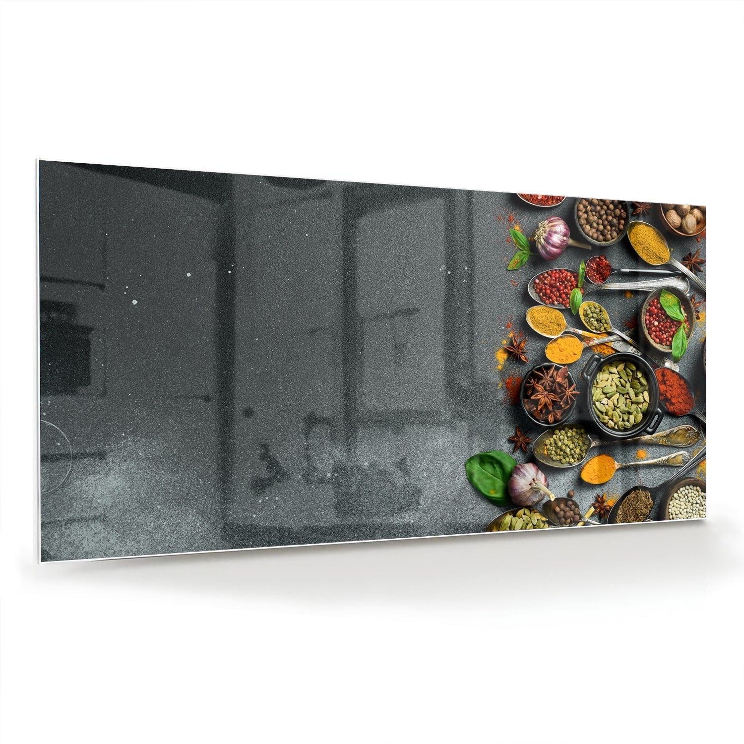 Farbenfrohes Glasbild mit Kräutern und Gewürzen – Glasbild aus Sicherheitsglas, Größe 70x70_rond
