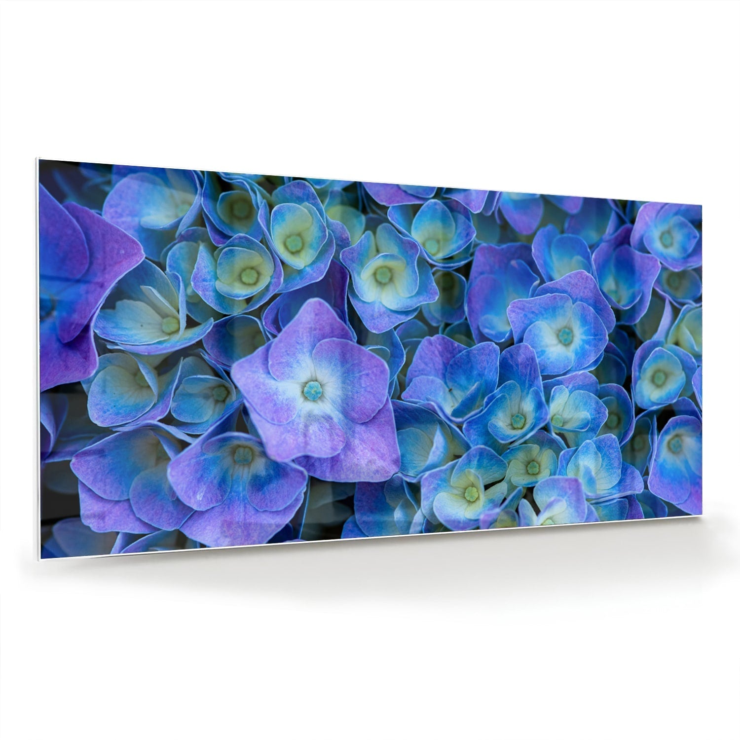 Farbenfrohes Glasbild mit blauen Blumen – Glasbild aus Sicherheitsglas, Größe 70x70_rond