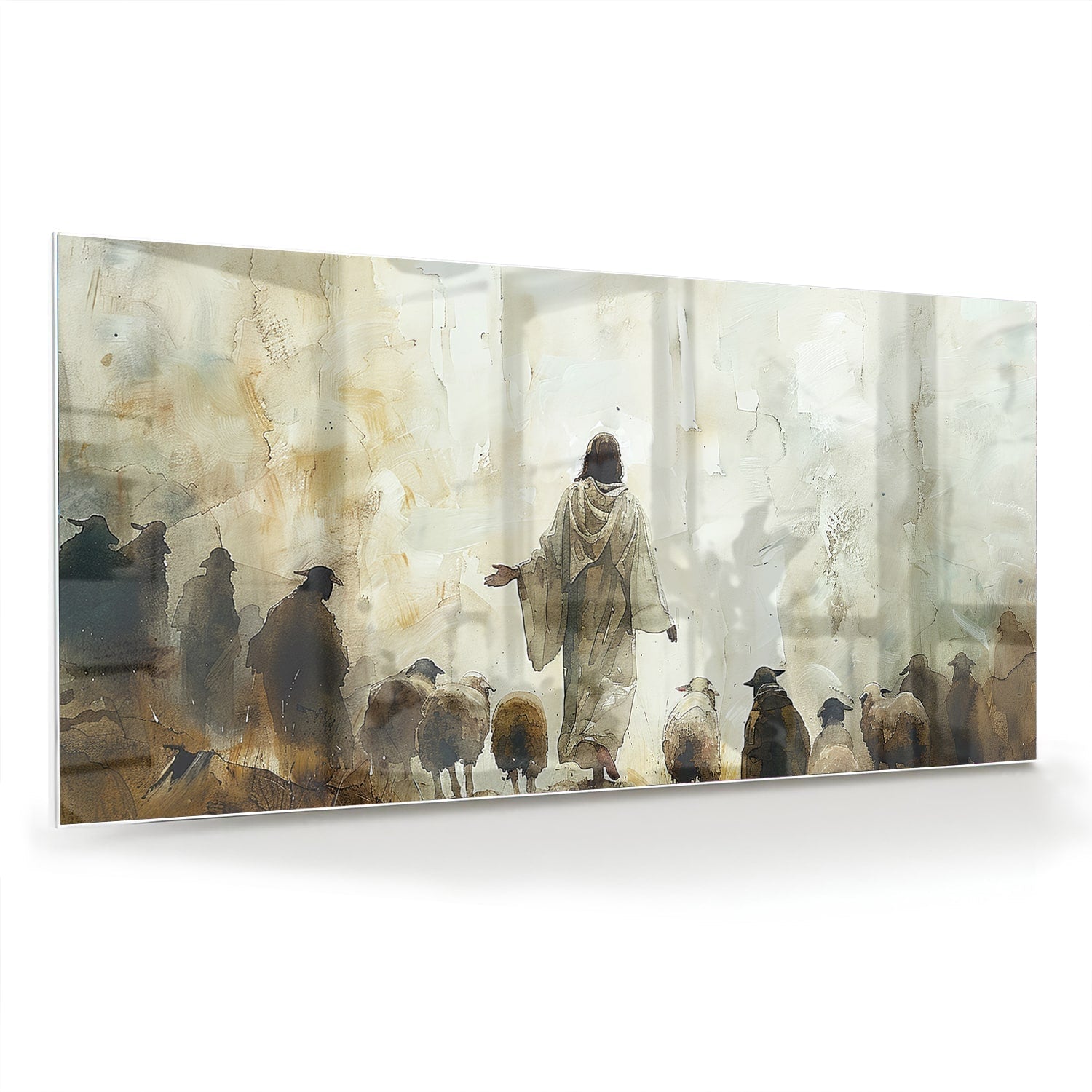 Glasbild mit spirituellem Wegweiser und Schafen – Glasbild aus Sicherheitsglas, Größe 70x70_rond