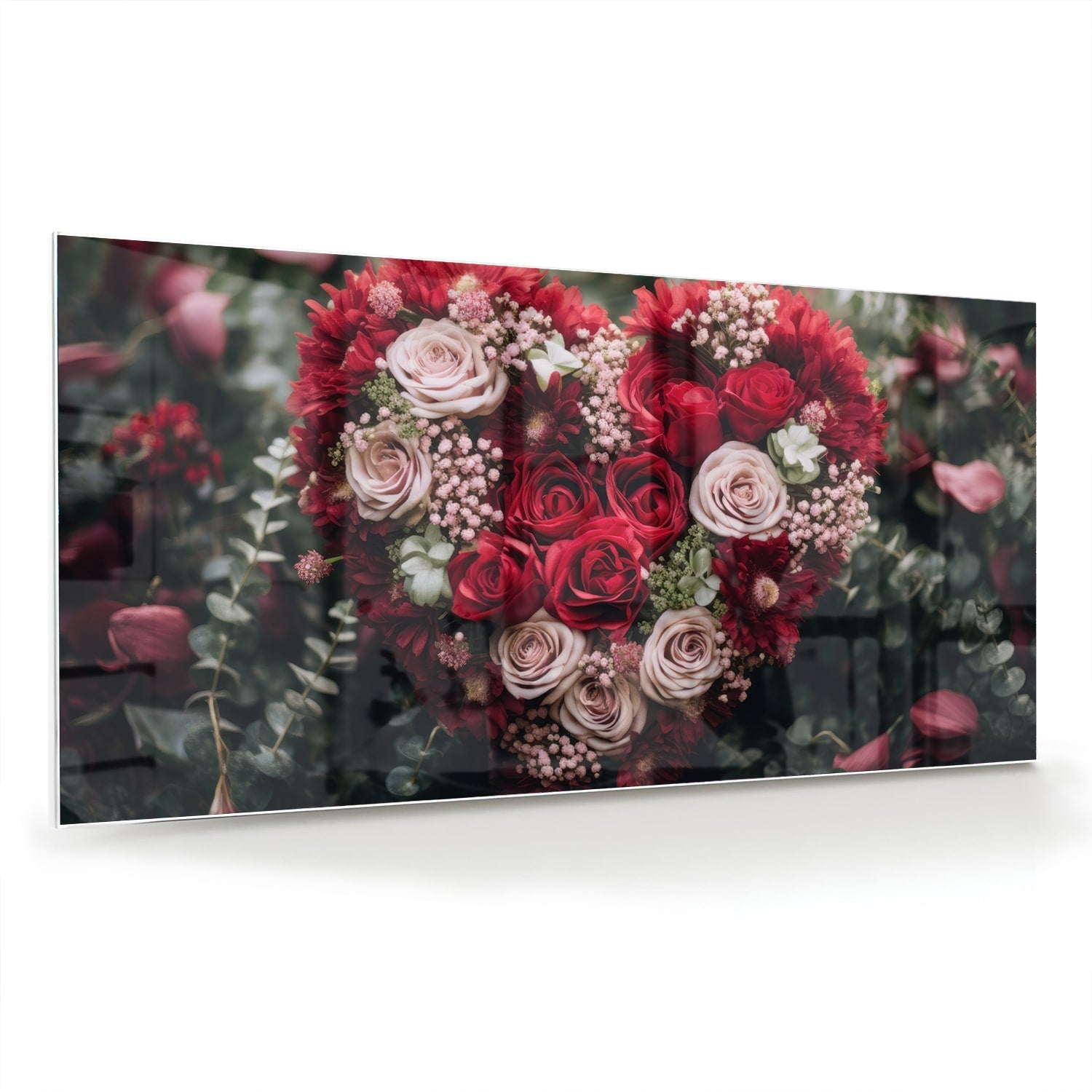 Glasbild mit herzförmigem Blumenmotiv in Rottönen – Glasbild aus Sicherheitsglas, Größe 70x70_rond
