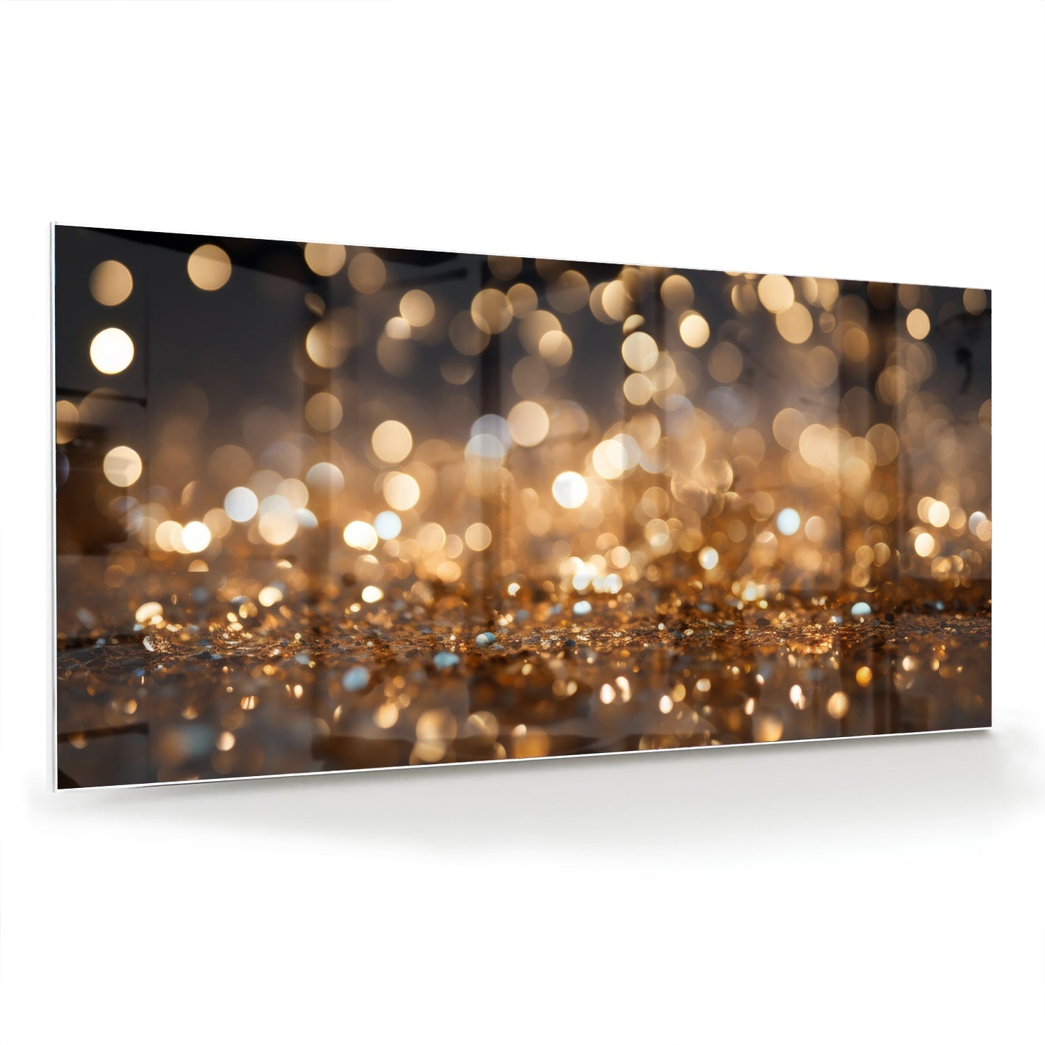 Glasbild mit goldenem Bokeh in moderner Szenerie – Glasbild aus Sicherheitsglas, Größe 70x70_rond