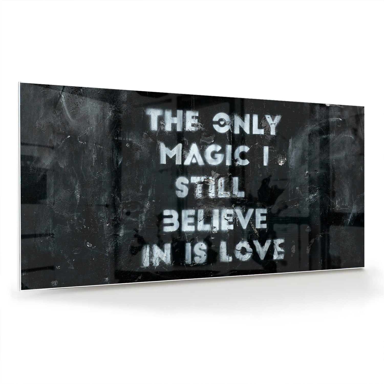 Glasbild mit Schriftzug „Believe in Love“ – Glasbild aus Sicherheitsglas, Größe 70x70_rond