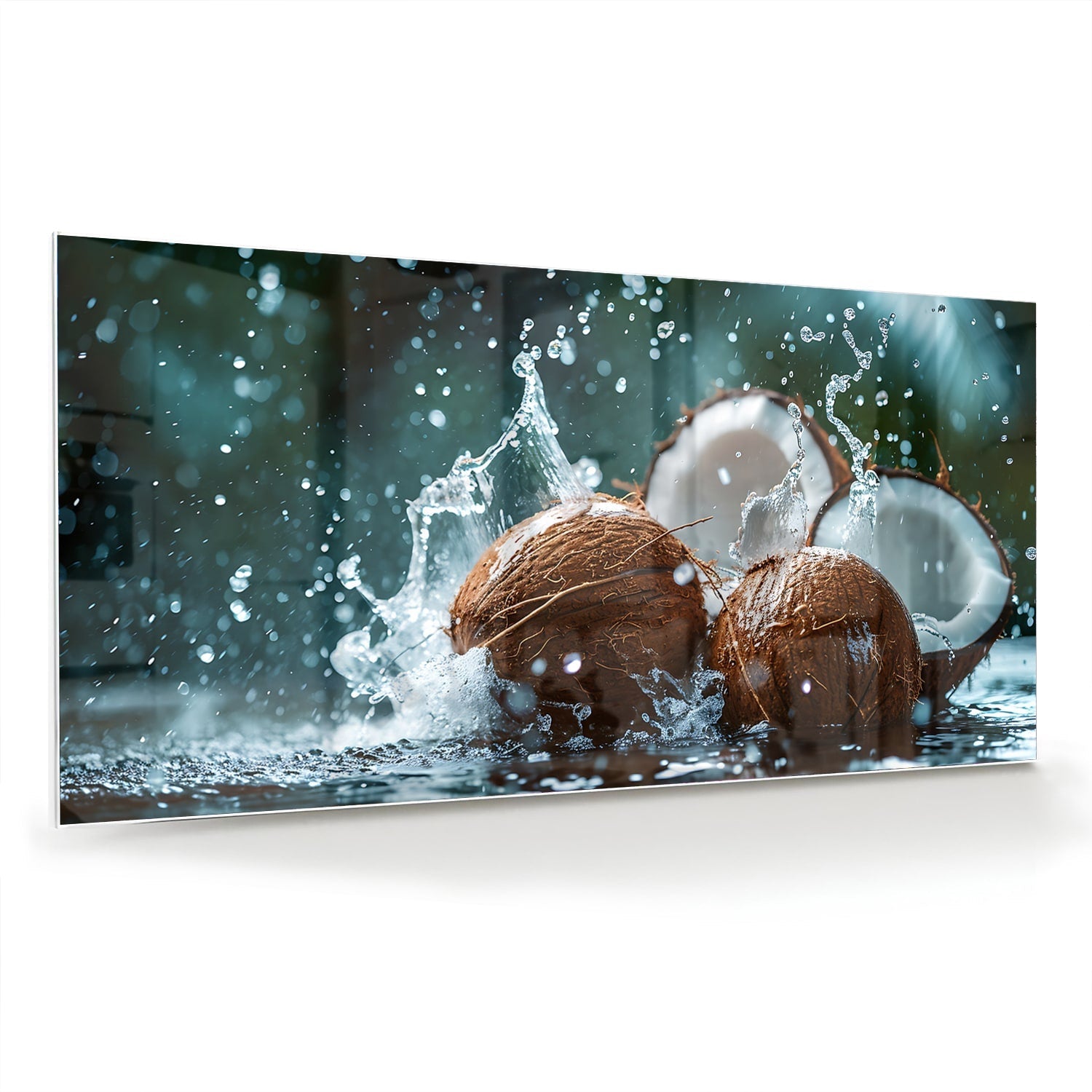 Glasbild Kokosnuss-Trio mit Wasserstrahlen – Glasbild aus Sicherheitsglas, Größe 70x70_rond