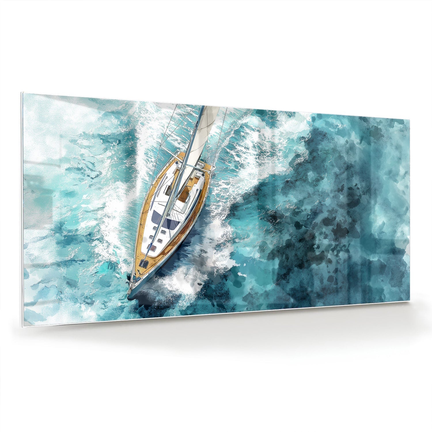 Wunderschönes Glasbild mit einer Yacht auf dem See – Glasbild aus Sicherheitsglas, Größe 70x70_rond