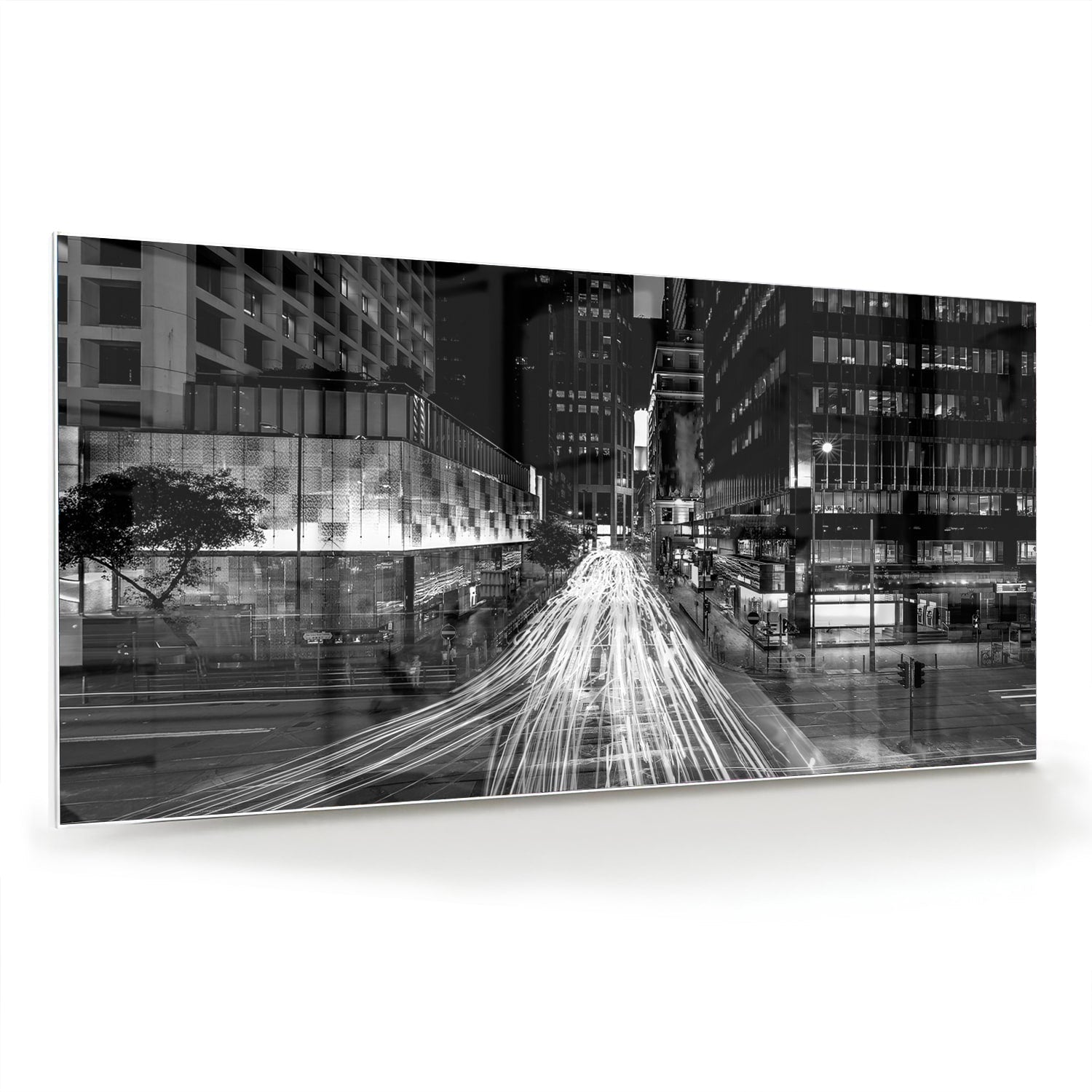 Schwarz-Weiß-Glasbild mit Stadtlichtern – Glasbild aus Sicherheitsglas, Größe 70x70_rond