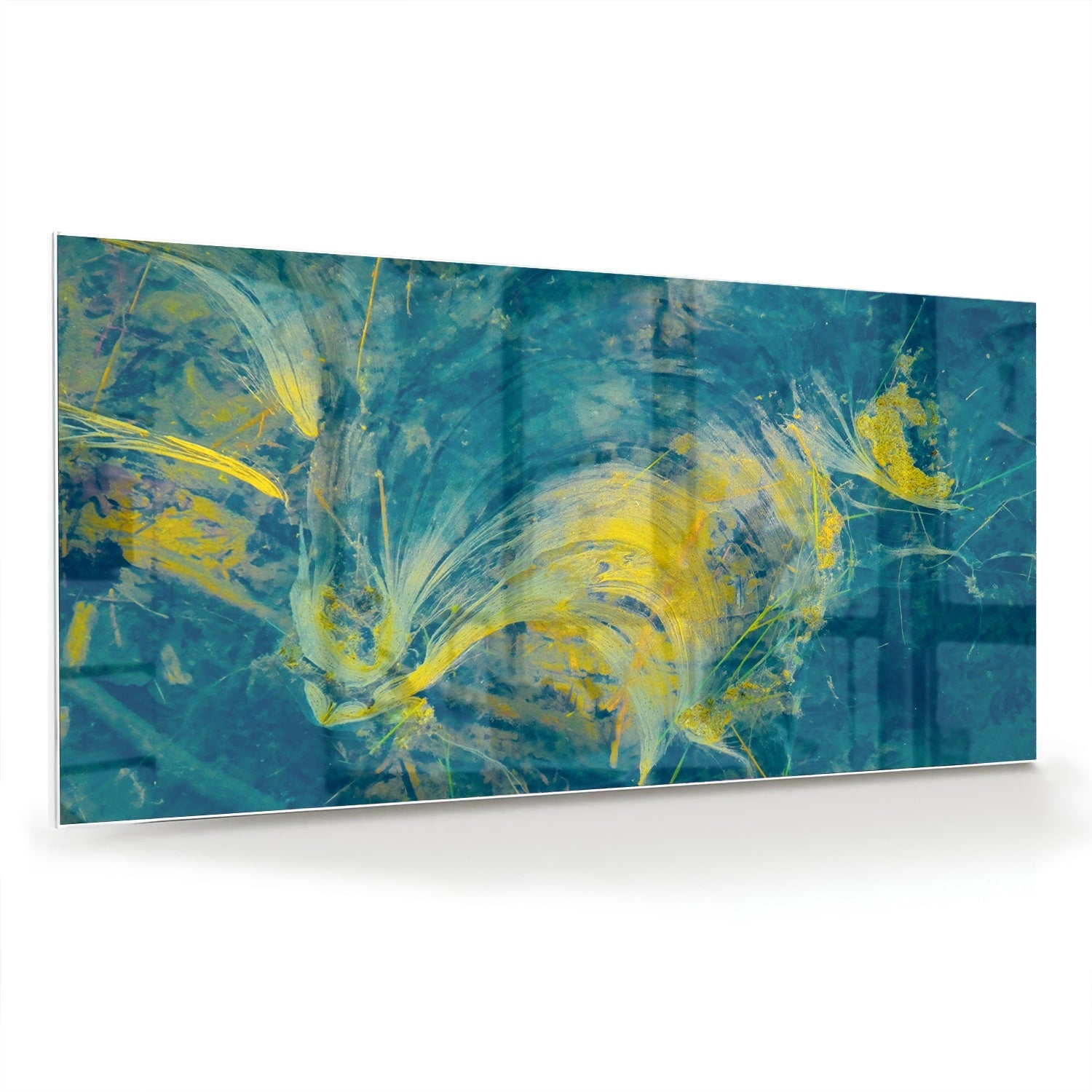 Farbenfrohes Glasbild mit abstraktem blau-gelbem Muster – Glasbild aus Sicherheitsglas, Größe 70x70_rond