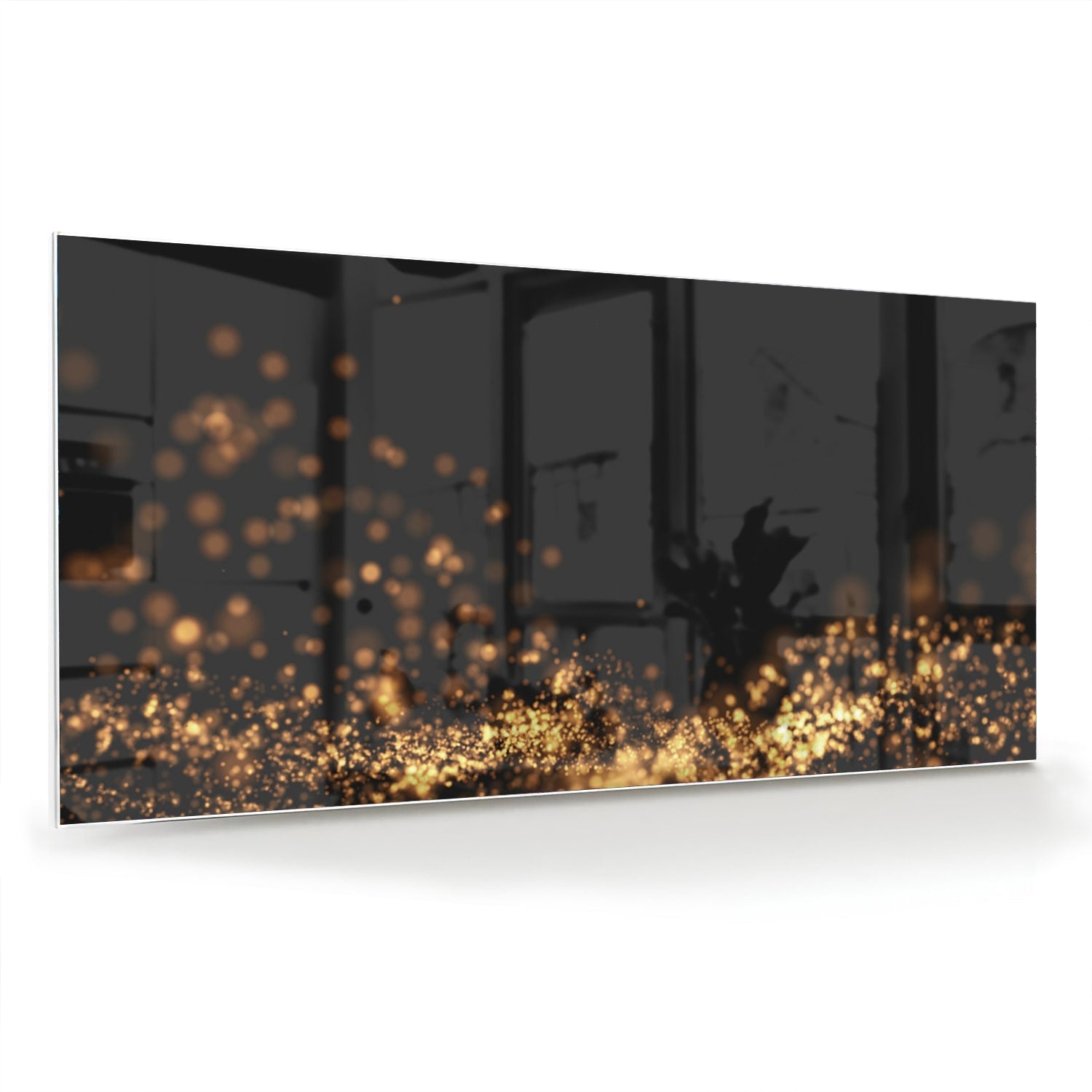 Glasbild mit goldenen Lichtpunkten auf schwarzem Hintergrund – Glasbild aus Sicherheitsglas, Größe 70x70_rond