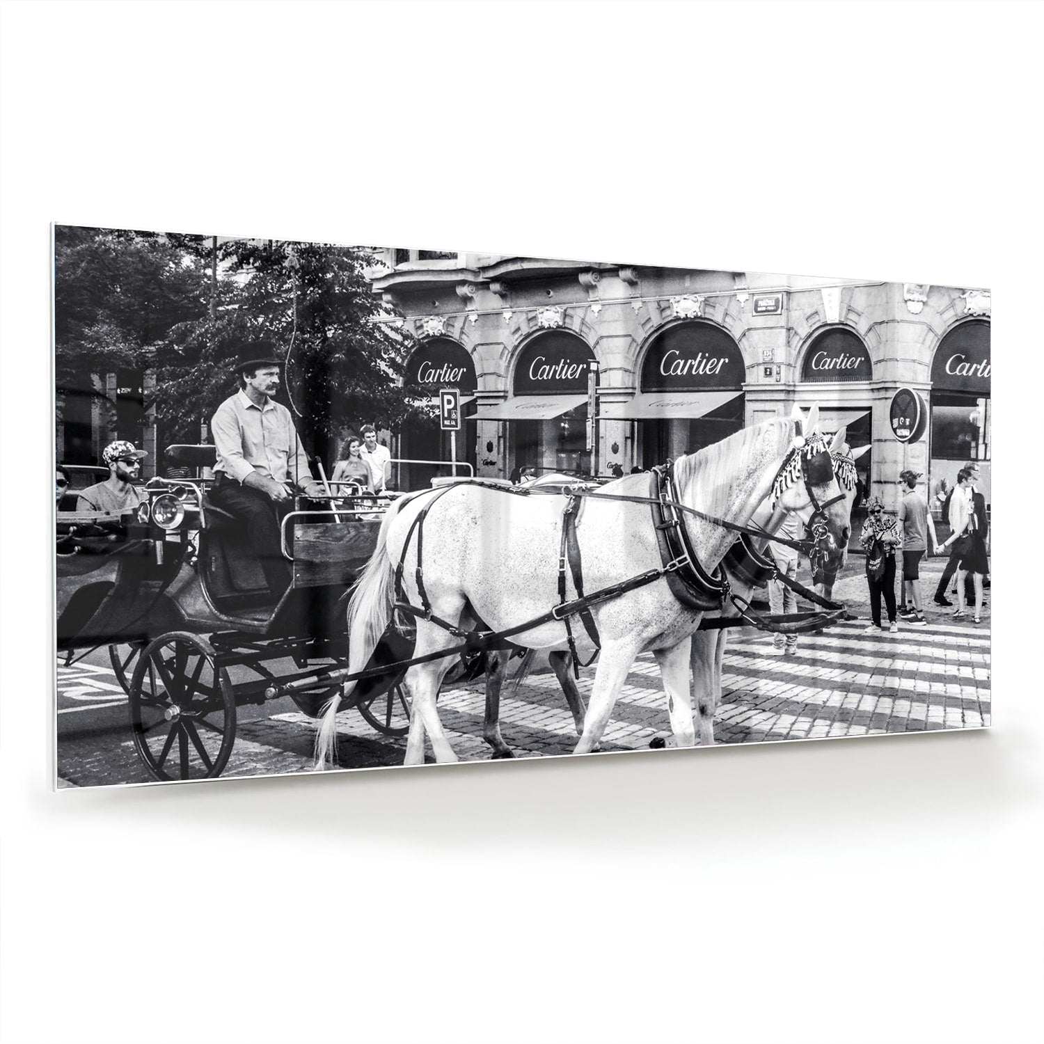 Historisches Glasbild mit Pferd und Kutsche – Glasbild aus Sicherheitsglas, Größe 70x70_rond