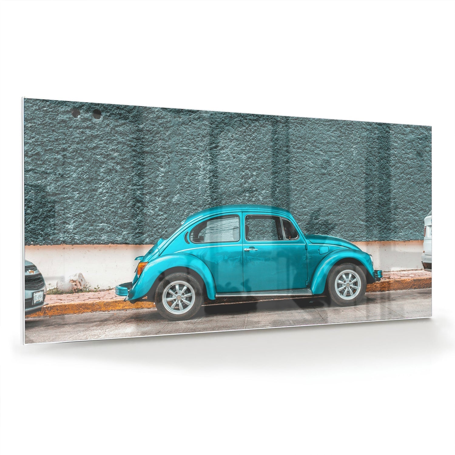 Stilvolles Glasbild mit einem türkisen Auto – Glasbild aus Sicherheitsglas, Größe 70x70_rond