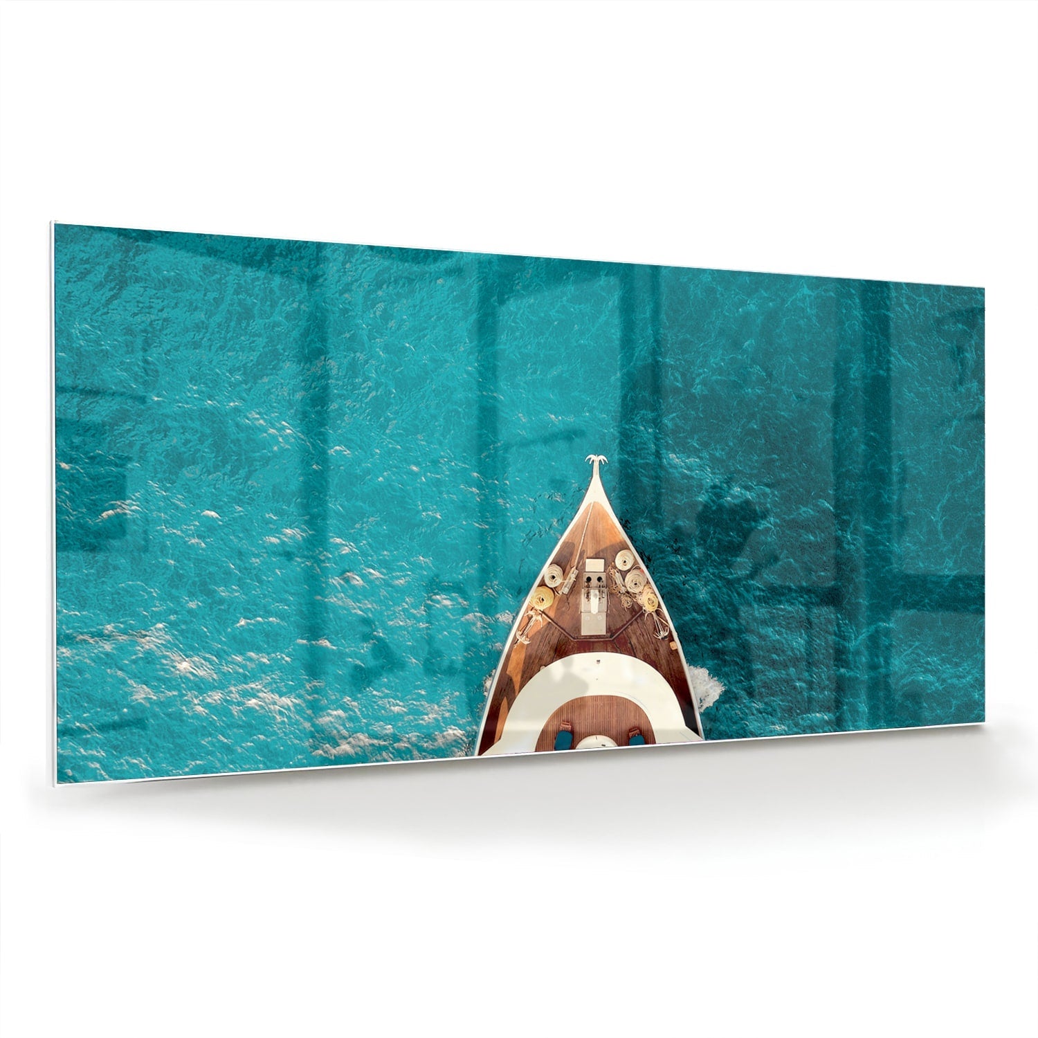 Glasbild mit ruhigem Boot auf klarblauem See – Glasbild aus Sicherheitsglas, Größe 70x70_rond