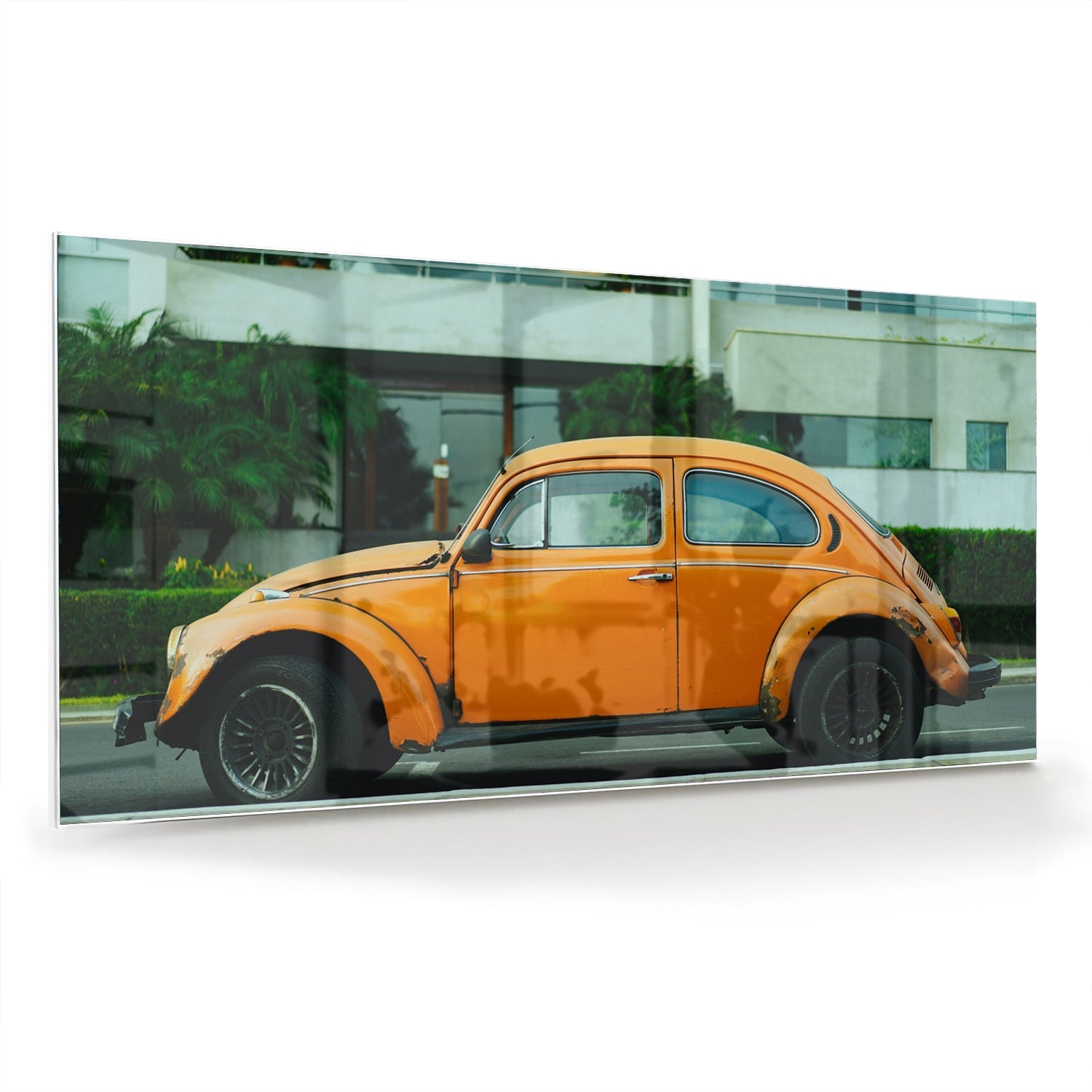 Fröhliches Glasbild mit orangefarbenem Käfer – Glasbild aus Sicherheitsglas, Größe 70x70_rond