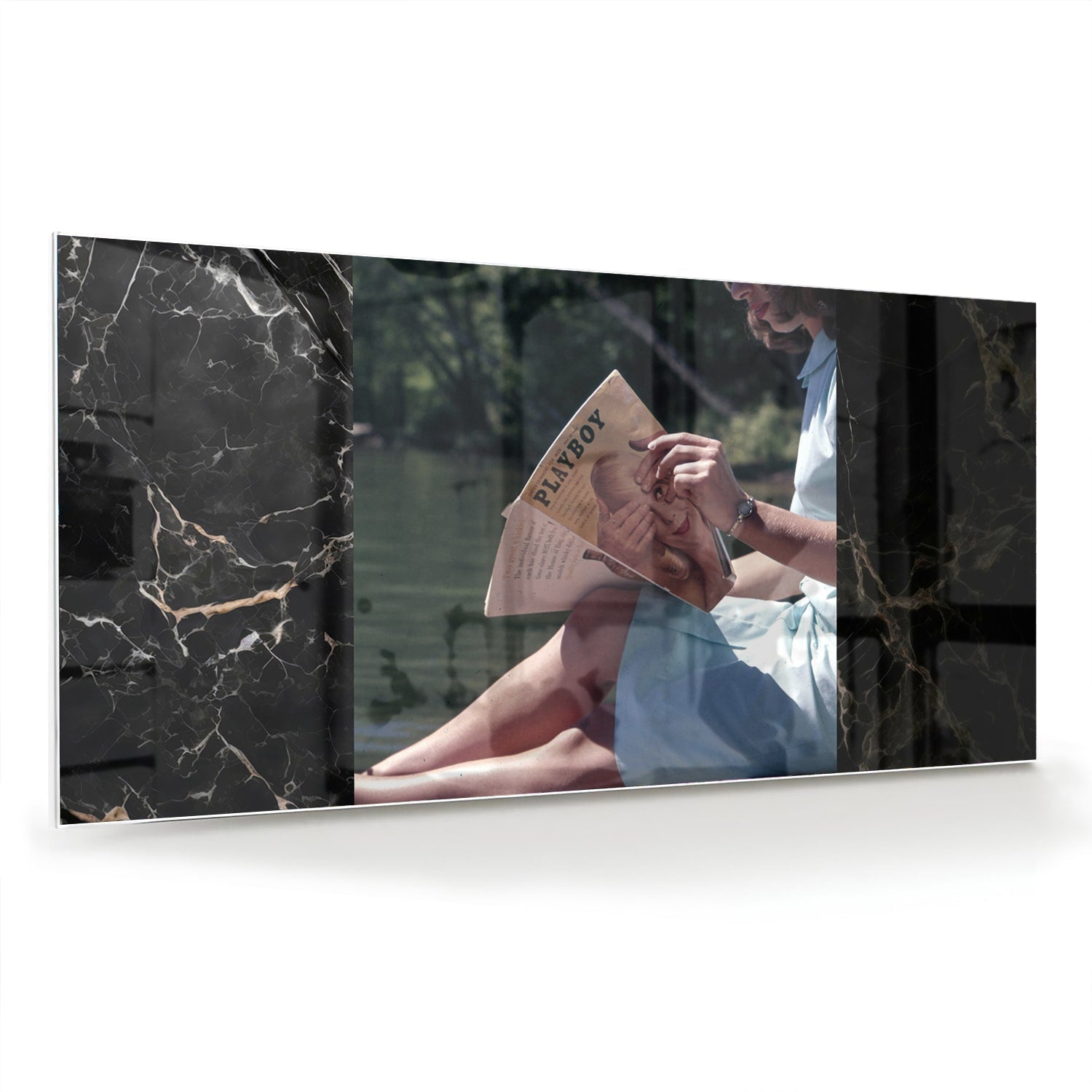 Ruhiges Glasbild mit Lesemoment am Wasser – Glasbild aus Sicherheitsglas, Größe 70x70_rond