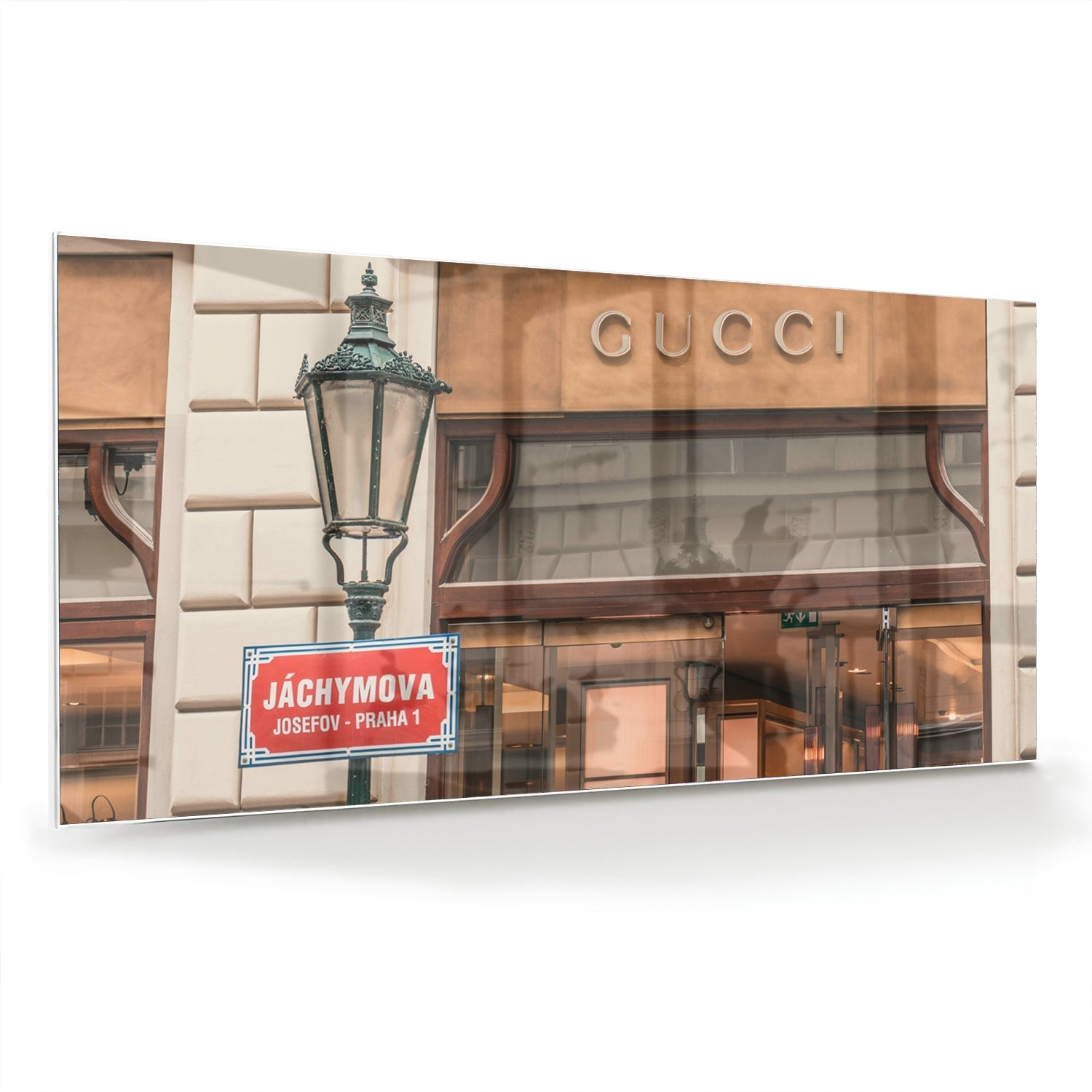 Stilvolles Glasbild mit Gucci-Schaufenster – Glasbild aus Sicherheitsglas, Größe 70x70_rond