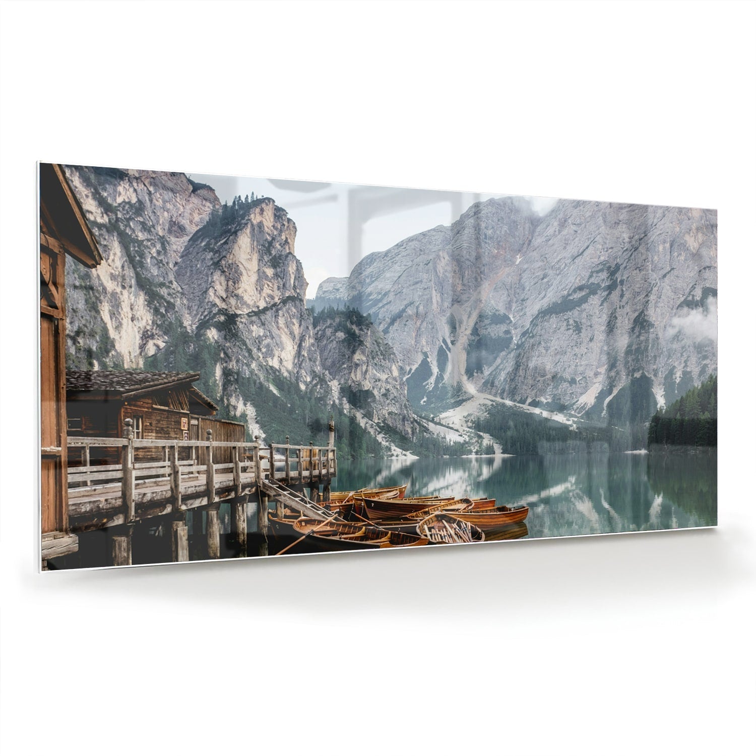Rustikales Glasbild mit Bergen und Booten – Glasbild aus Sicherheitsglas, Größe 70x70_rond
