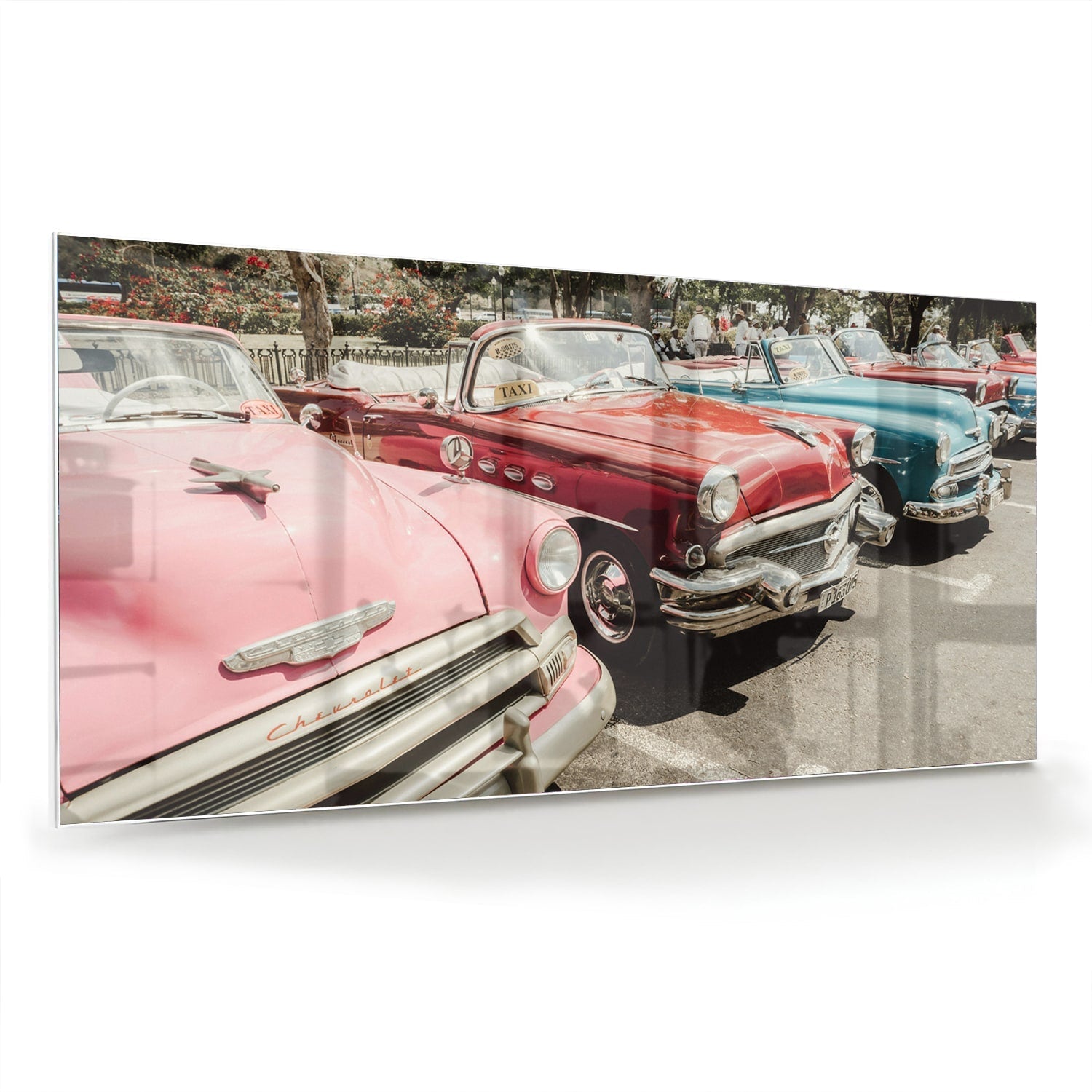 Retro-Glasbild mit farbenfrohen Autos – Glasbild aus Sicherheitsglas, Größe 70x70_rond
