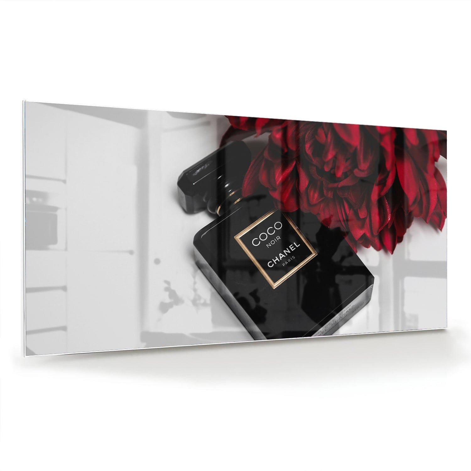 Elegantes Glasbild mit Parfüm und roten Blumen – Glasbild aus Sicherheitsglas, Größe 70x70_rond