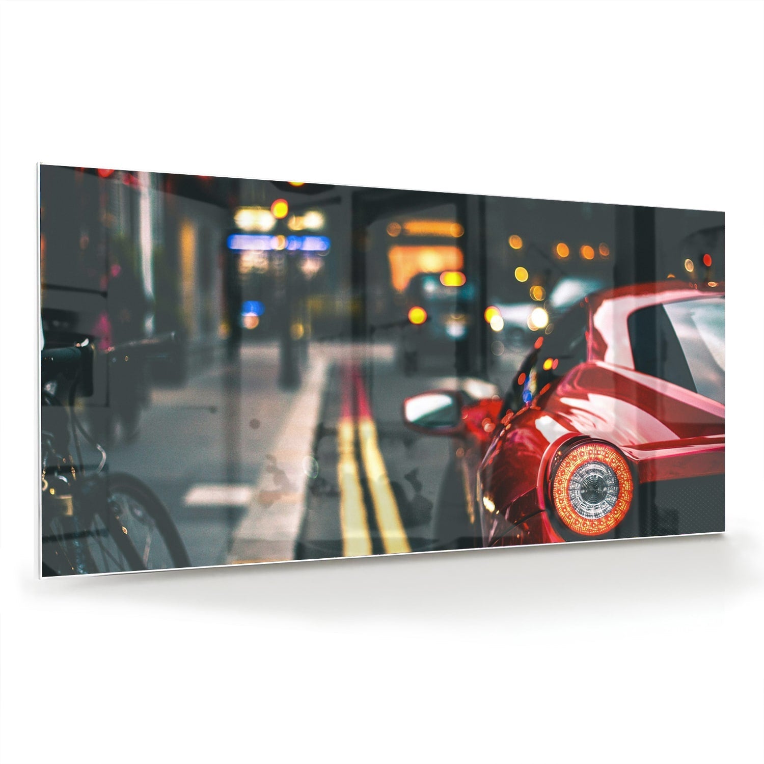 Stilvolles Glasbild mit einem roten Auto in der Stadt – Glasbild aus Sicherheitsglas, Größe 70x70_rond