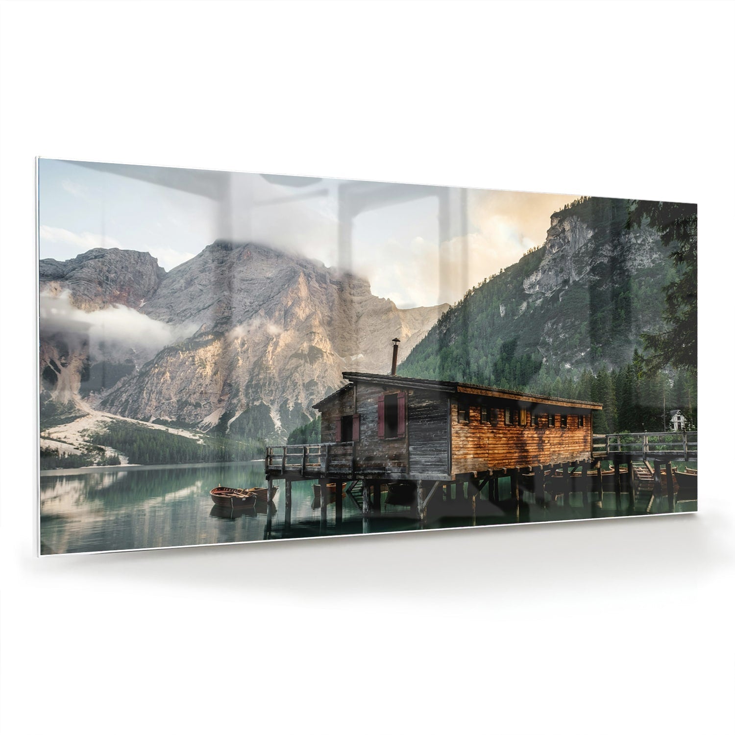 Bezauberndes Glasbild mit einer Berghütte – Glasbild aus Sicherheitsglas, Größe 70x70_rond