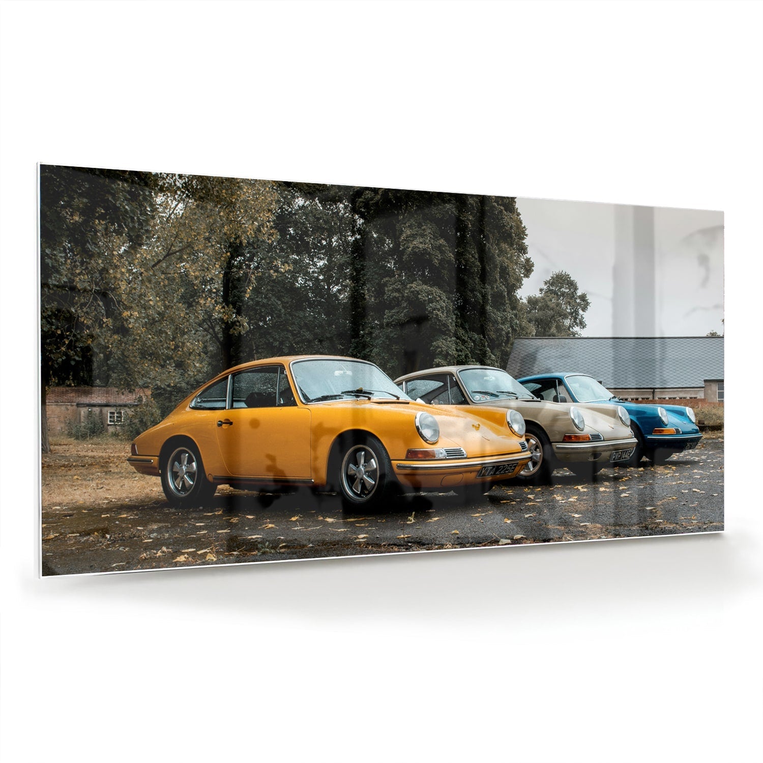 Fröhliches Glasbild mit gelbem Auto – Glasbild aus Sicherheitsglas, Größe 70x70_rond