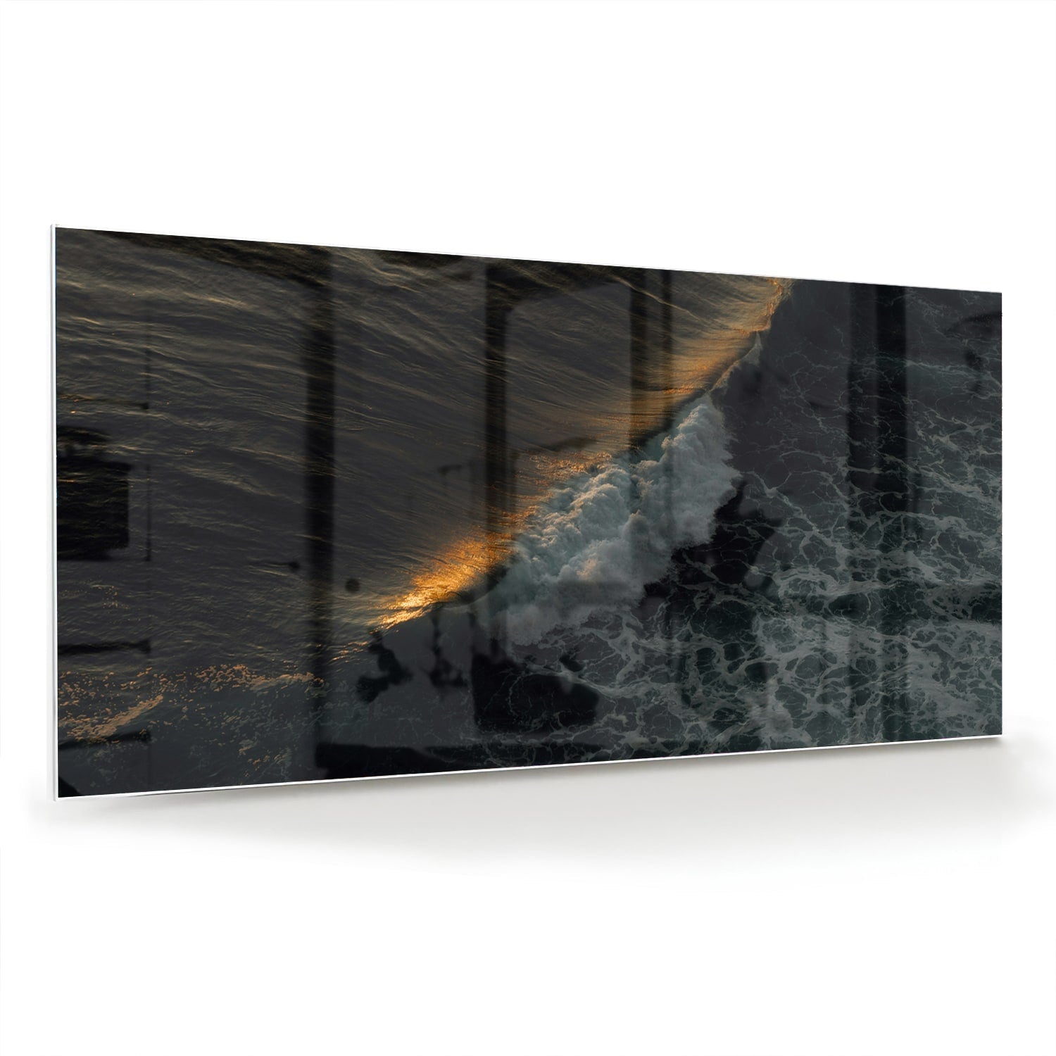 Schwarzes Glasbild mit Meerblick und Goldakzenten – Glasbild aus Sicherheitsglas, Größe 70x70_rond