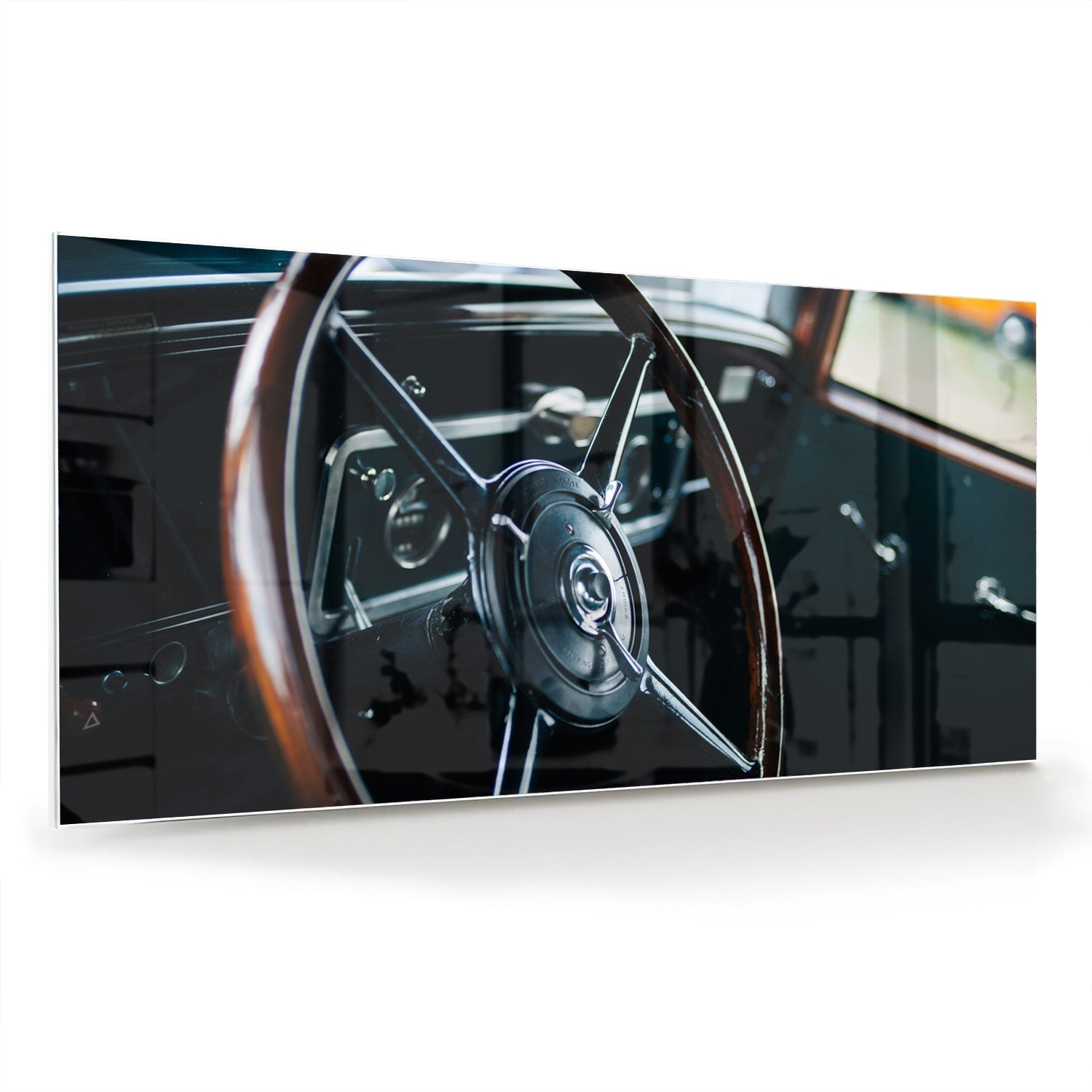 Glasbild Vintage-Glasbild mit klassischem Lenkrad – Glasbild aus Sicherheitsglas, Größe 70x70_rond