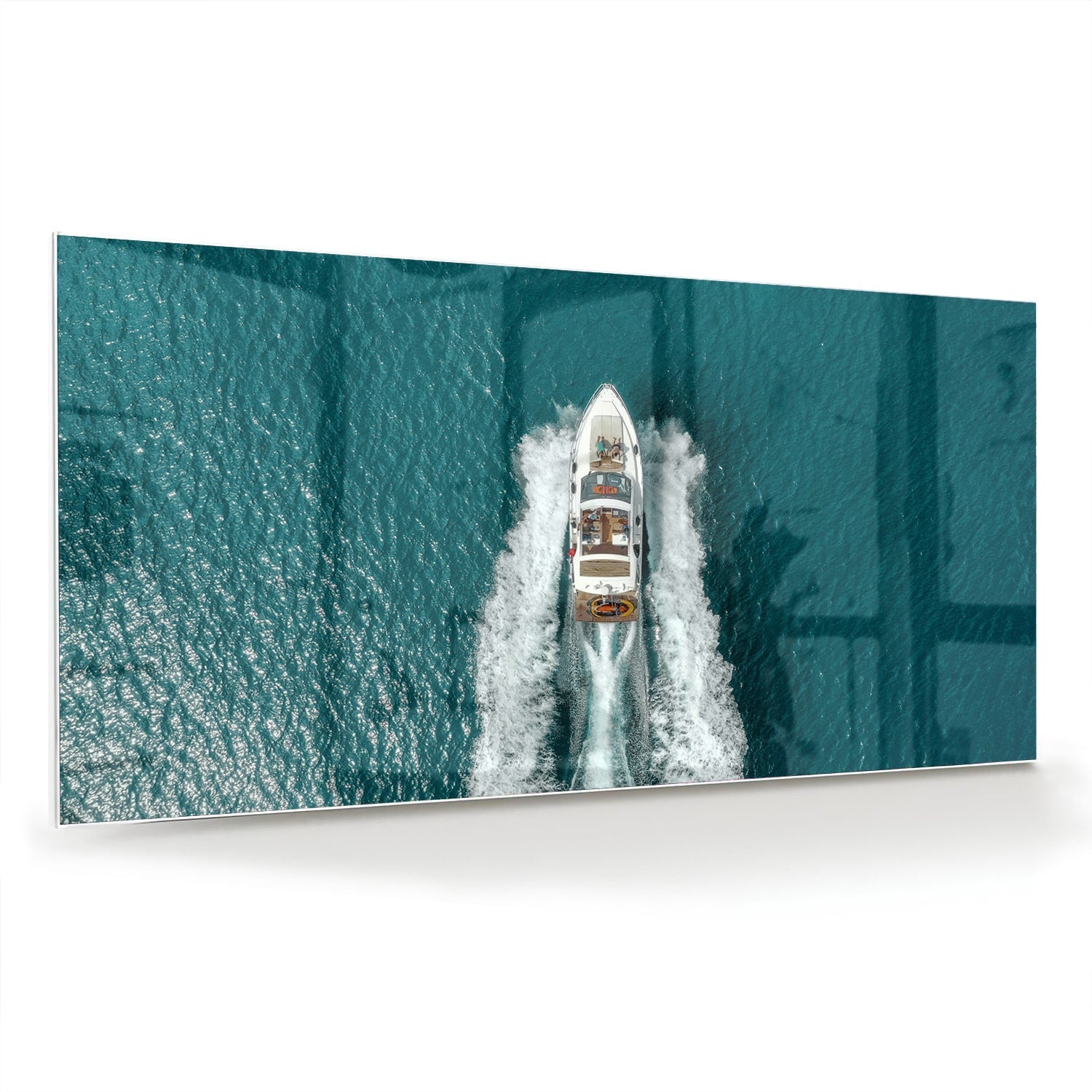 Glasbild mit einem Boot in türkisfarbenem Wasser – Glasbild aus Sicherheitsglas, Größe 70x70_rond