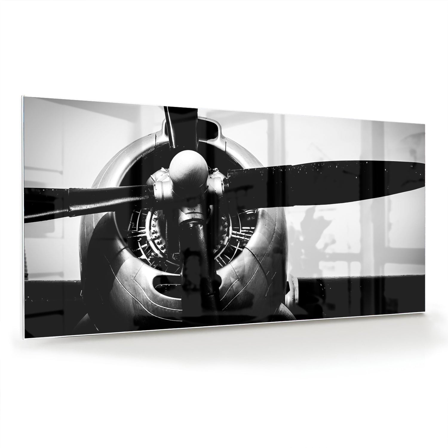Schwarz-Weiß-Glasbild mit Vintage-Flugzeugpropeller – Glasbild aus Sicherheitsglas, Größe 70x70_rond