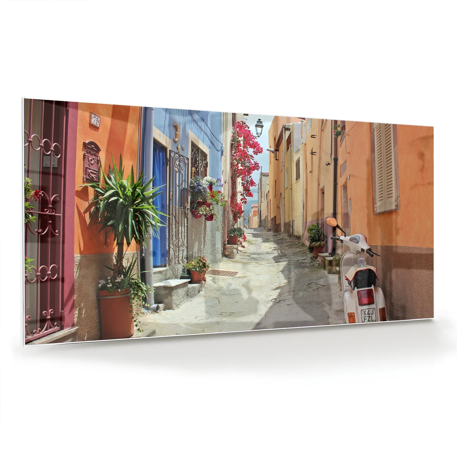 Buntes Glasbild mit Vespa auf einer Straße – Glasbild aus Sicherheitsglas, Größe 70x70_rond
