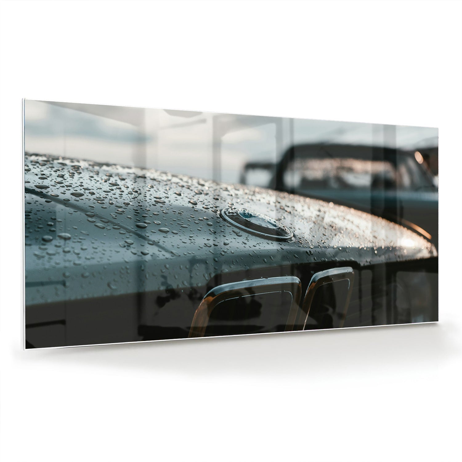 Glasbild mit nasser Autoscheibe – Stilvolles Interieur – Glasbild aus Sicherheitsglas, Größe 70x70_rond