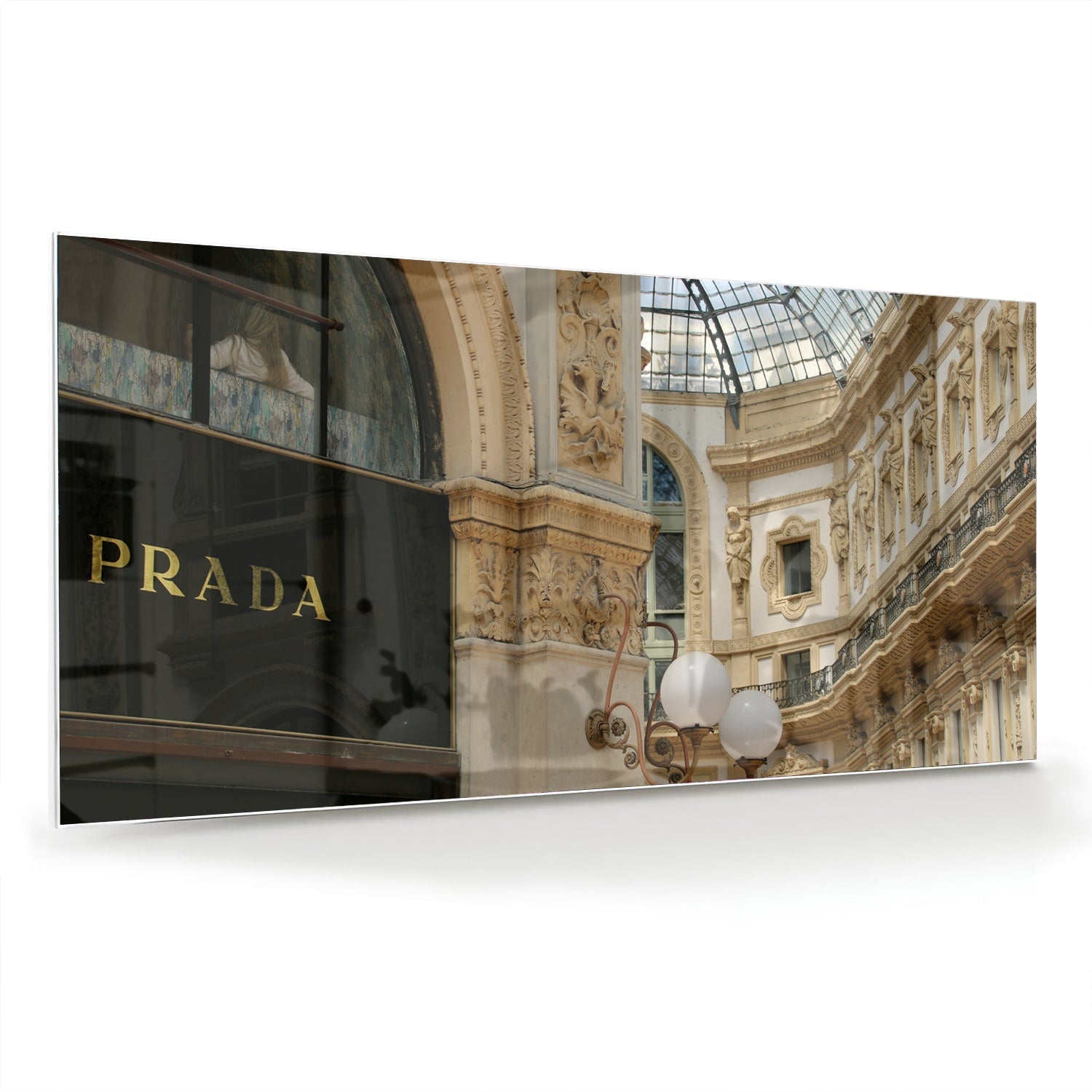 Elegantes Glasbild mit Luxus-Boutique – Glasbild aus Sicherheitsglas, Größe 70x70_rond