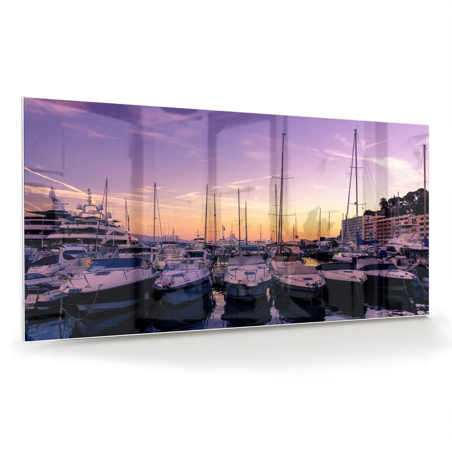 Glasbild mit Sonnenuntergang am Hafen – Glasbild aus Sicherheitsglas, Größe 70x70_rond