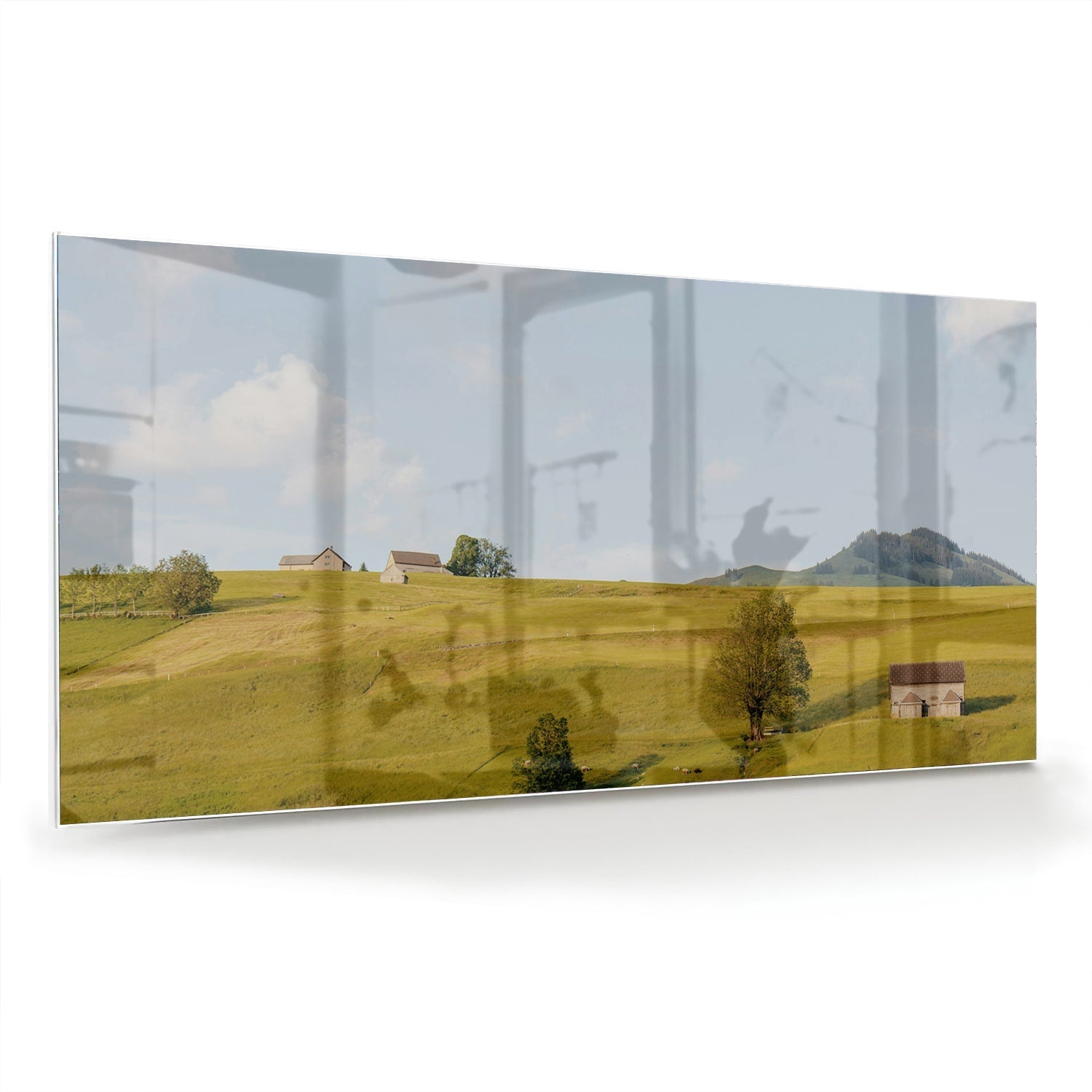 Glasbild mit grünen Hügeln in der Landschaft – Glasbild aus Sicherheitsglas, Größe 70x70_rond