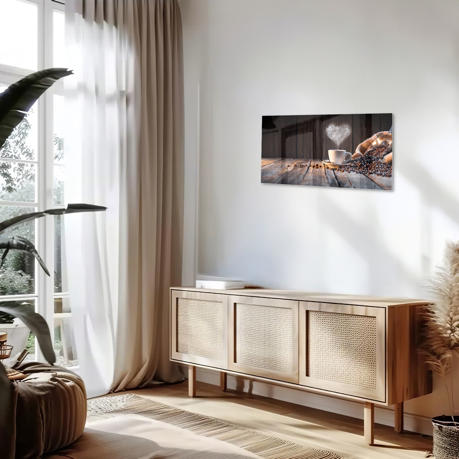 Stilvolles Glasbild mit Kaffee und Kaffeebohnen – Glasbild aus Sicherheitsglas, Größe 100x50