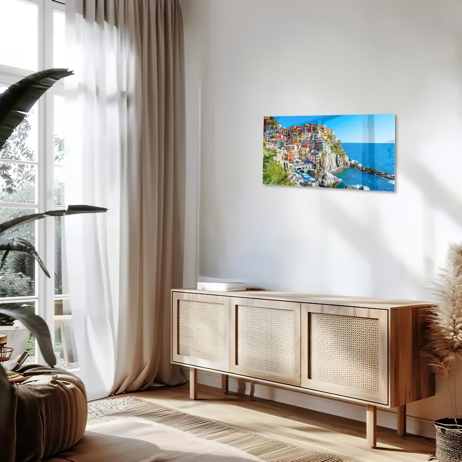 Glasbild mit farbenfroher Küstenlinie – Glasbild aus Sicherheitsglas, Größe 100x50