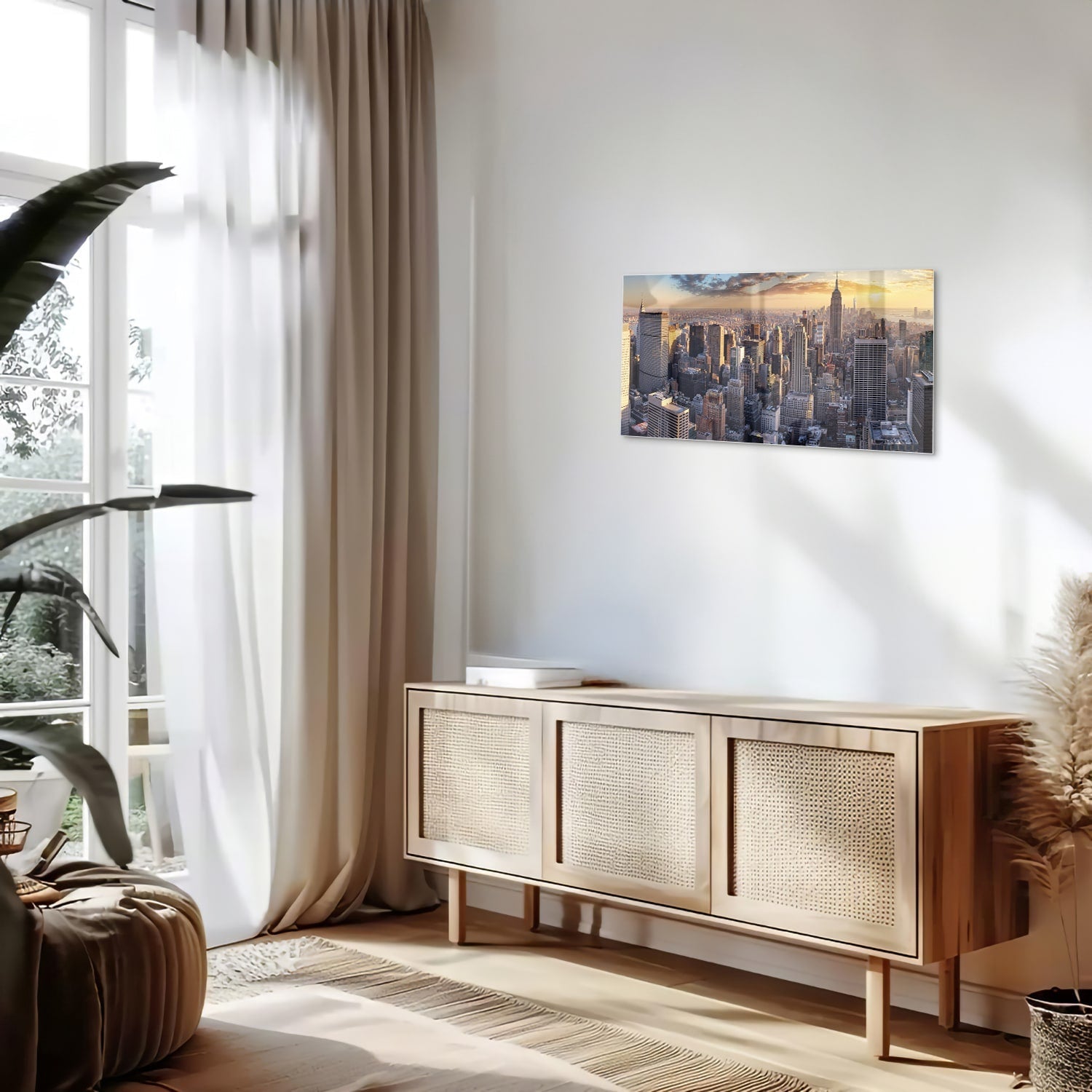 Glasbild mit atemberaubender Aussicht auf New York bei Sonnenuntergang – Glasbild aus Sicherheitsglas, Größe 100x50